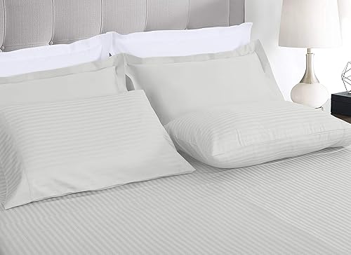 Miniatura 2 de Threadmill Sábanas de tamaño queen, 100 % algodón, 600 hilos, 4 piezas, diseño de damasco, rayas, gris claro, calidad de hotel, algodón peinado de