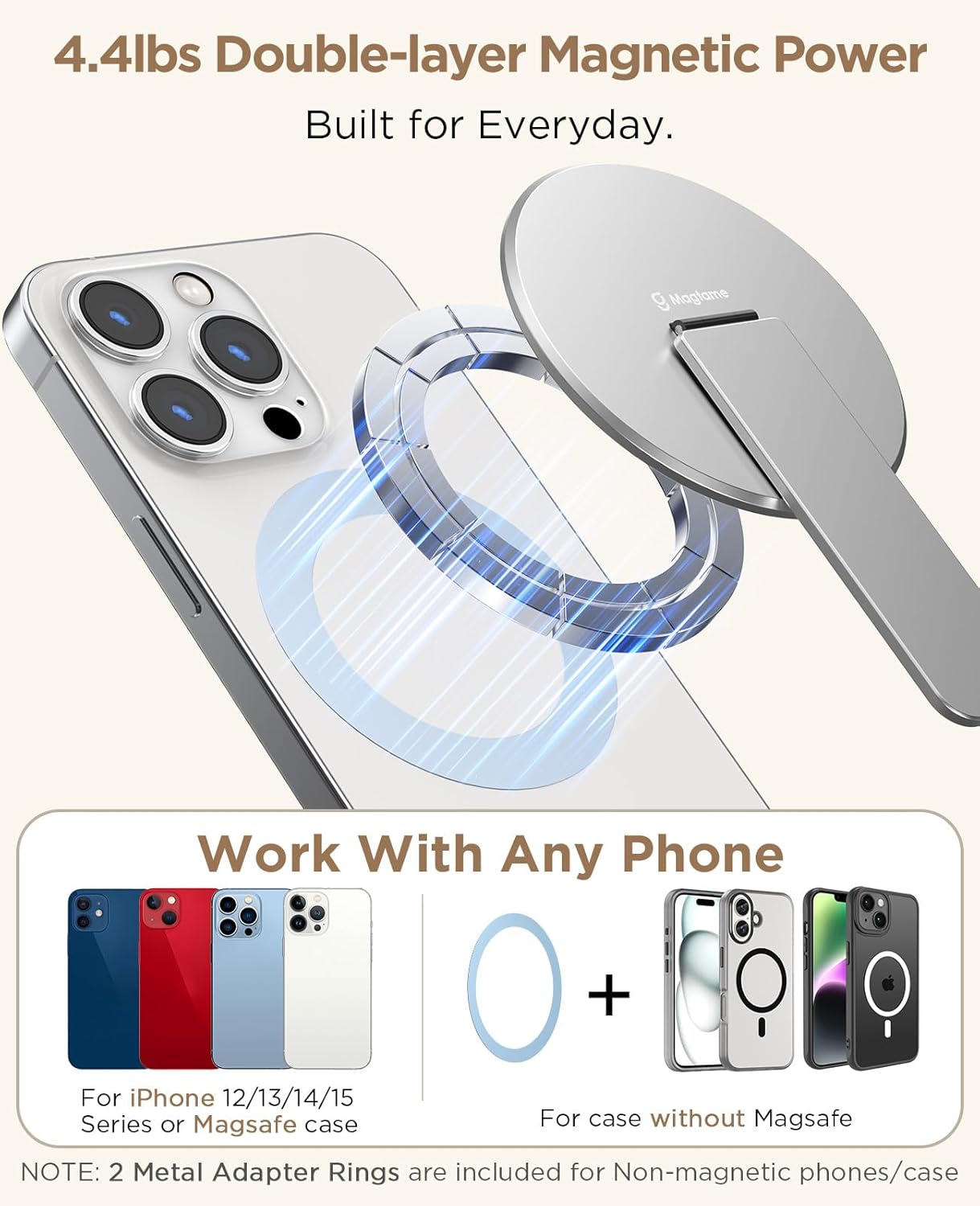 Magtame Magnetic Phone Stand Grip for Magsafe, Utral-Thin Snap-on Phone Kickstand, Holder & Grip, Foldable & Adjustable for Hands-Free Viewing | Compatible with Phone 16 15 14 13 12 Pro,Silver - Image 2