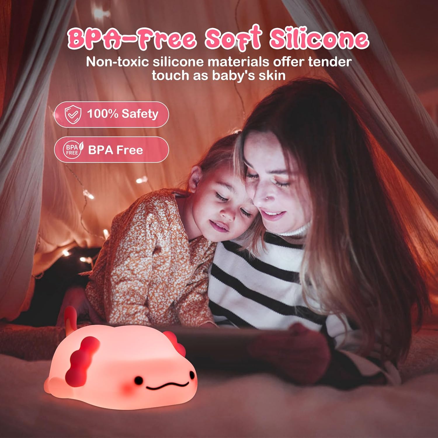 SeaShine Axolotl Night Light for Kids,Animal Silicone Nursery Night Lamp, Rechargeable Table Lamp Bedside Lamp,Cute Room Decor Light for Bedroom,Living Room,Dining,Desk Decorations,Gift