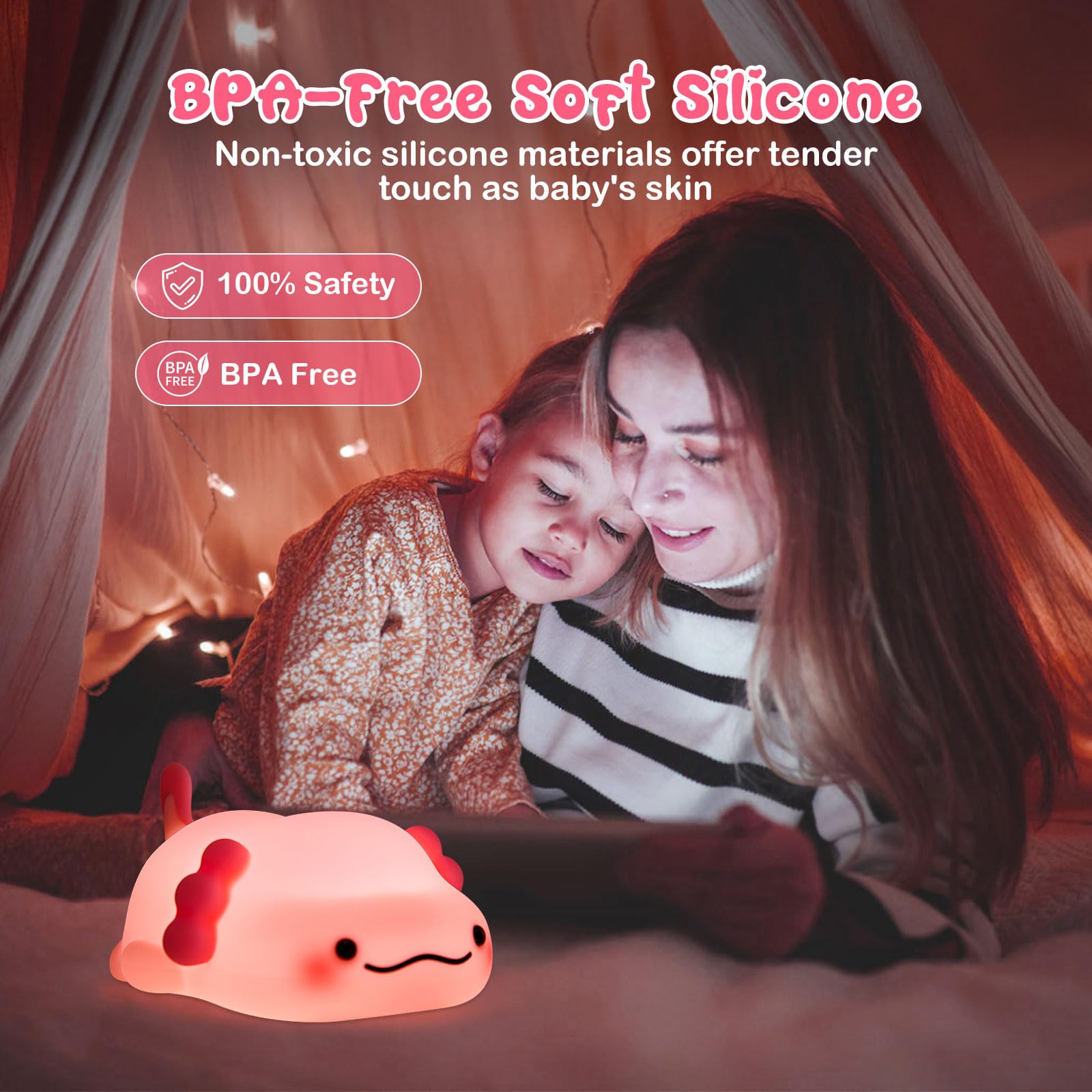 Axolotl Nachtlicht für Kinder, Tier-Silikon-Kinderzimmer-Nachtlampe, wiederaufladbare Tischlampe, Nachttischlampe, niedliche Raumdekoration, Licht für Schlafzimmer, Wohnzimmer, Esszimmer