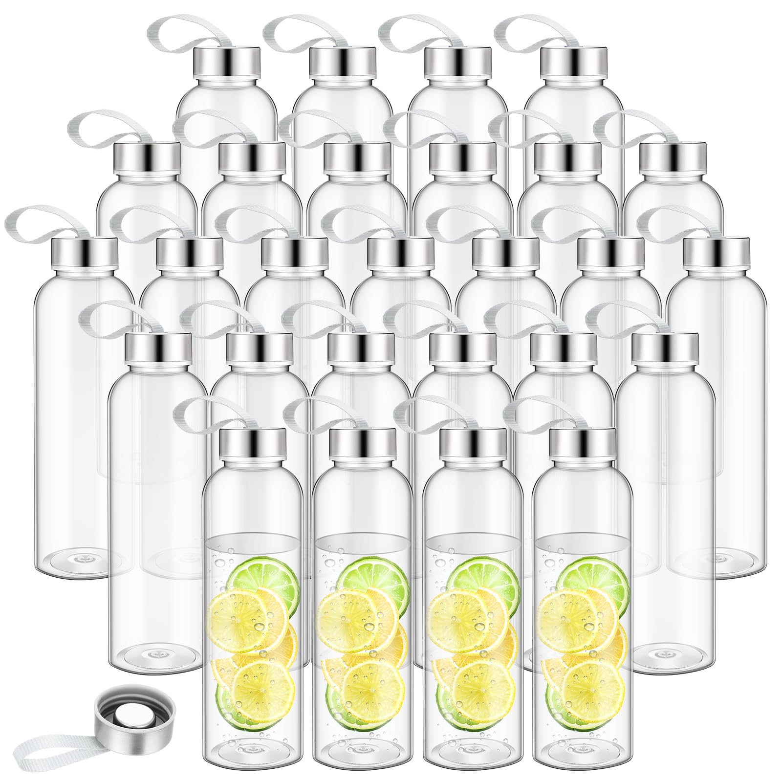 Zubebe 40 Pcs 14 oz Reusable Water Bottles Bulk Clear Bottles with Stainless Steel Leak Proof Lids Acrylic Bottles with Nylon Carrying Strap Shaker Bottles for Water, Milk, Smoothie, Juice Beverage