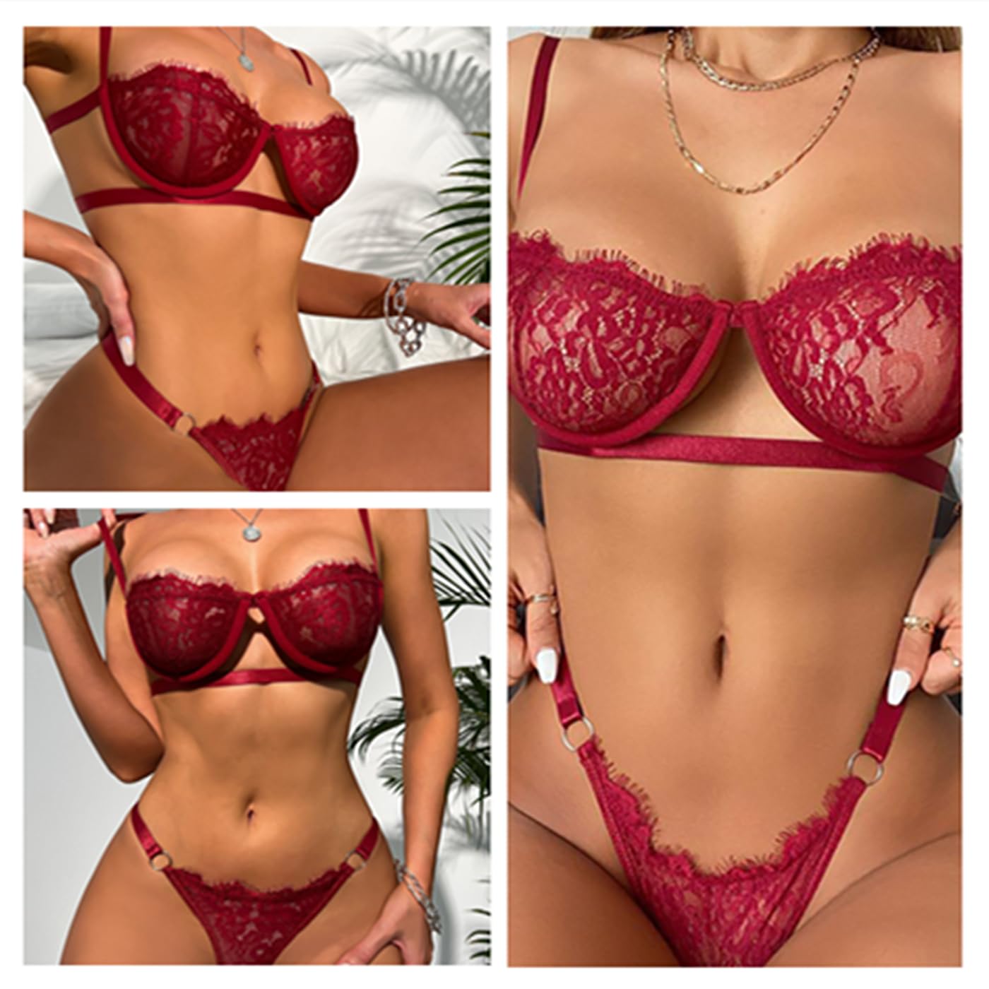 ZWCHGJ Spitzen-Dessous-Set, 2-teilig, Halbschalen-BH und Riemchen-Tanga mit Wimpern, Häkelspitze, offene Körbchen, Bralette, Push-Up-Netz-BH und Höschen-Bikini für Geschenke, Nachtwäsche,