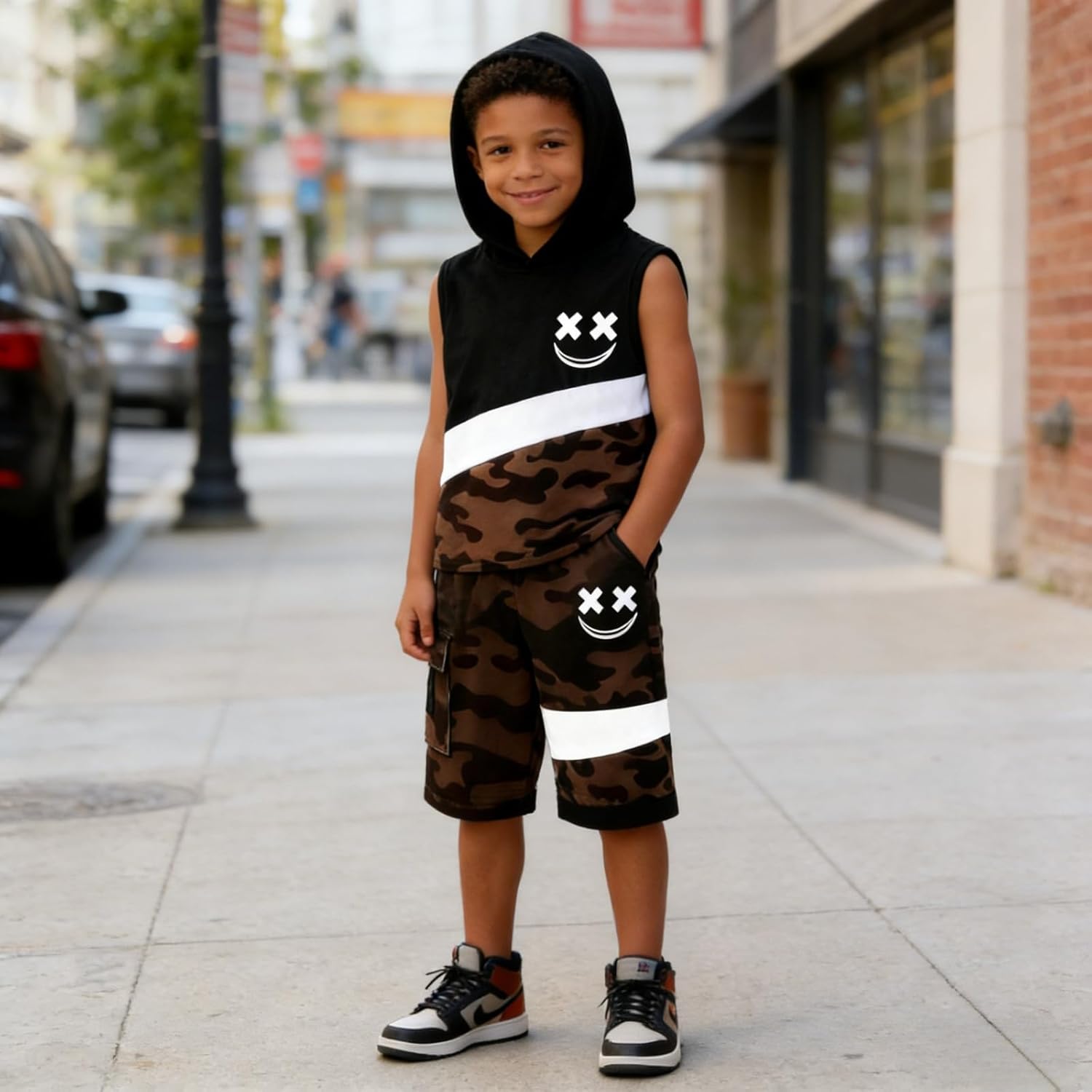 Boys Summer Clothes 2PCS Color Block Hooded Sleeveless Tee Tops & Camo Shorts Set Teen Boys Outfits Size 6-12Y - Image 4