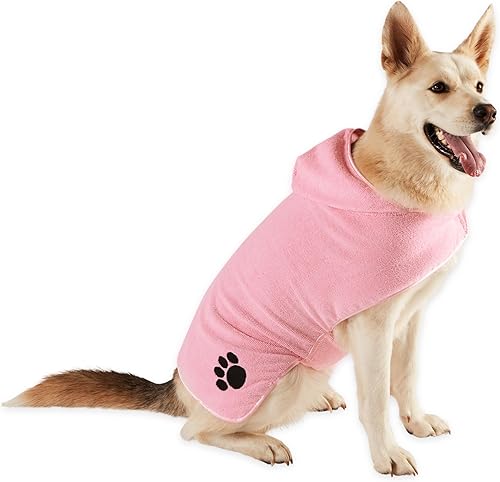 Bone Dry Pet Robe Collection - Bata de baño de microfibra absorbente bordada con cierre ajustable, para perros y gatos, talla L, color rosa