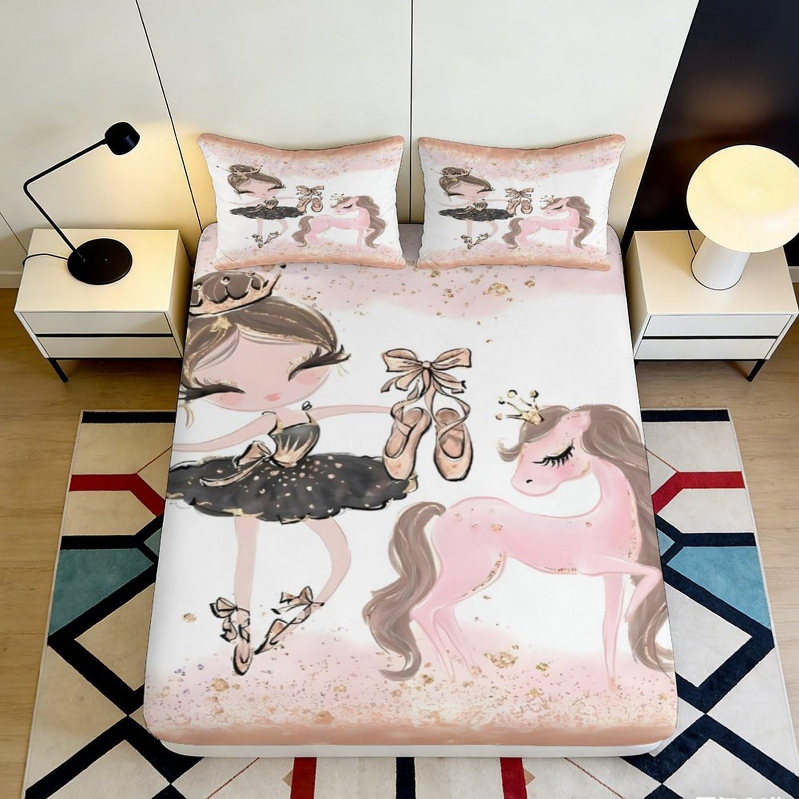 3D Printed Ballerina Princess Fitted Sheet Microfiber Soft Pink Unicorn Bed Cover for Bedroom Dorm Mattress Decor 160x200x25cm