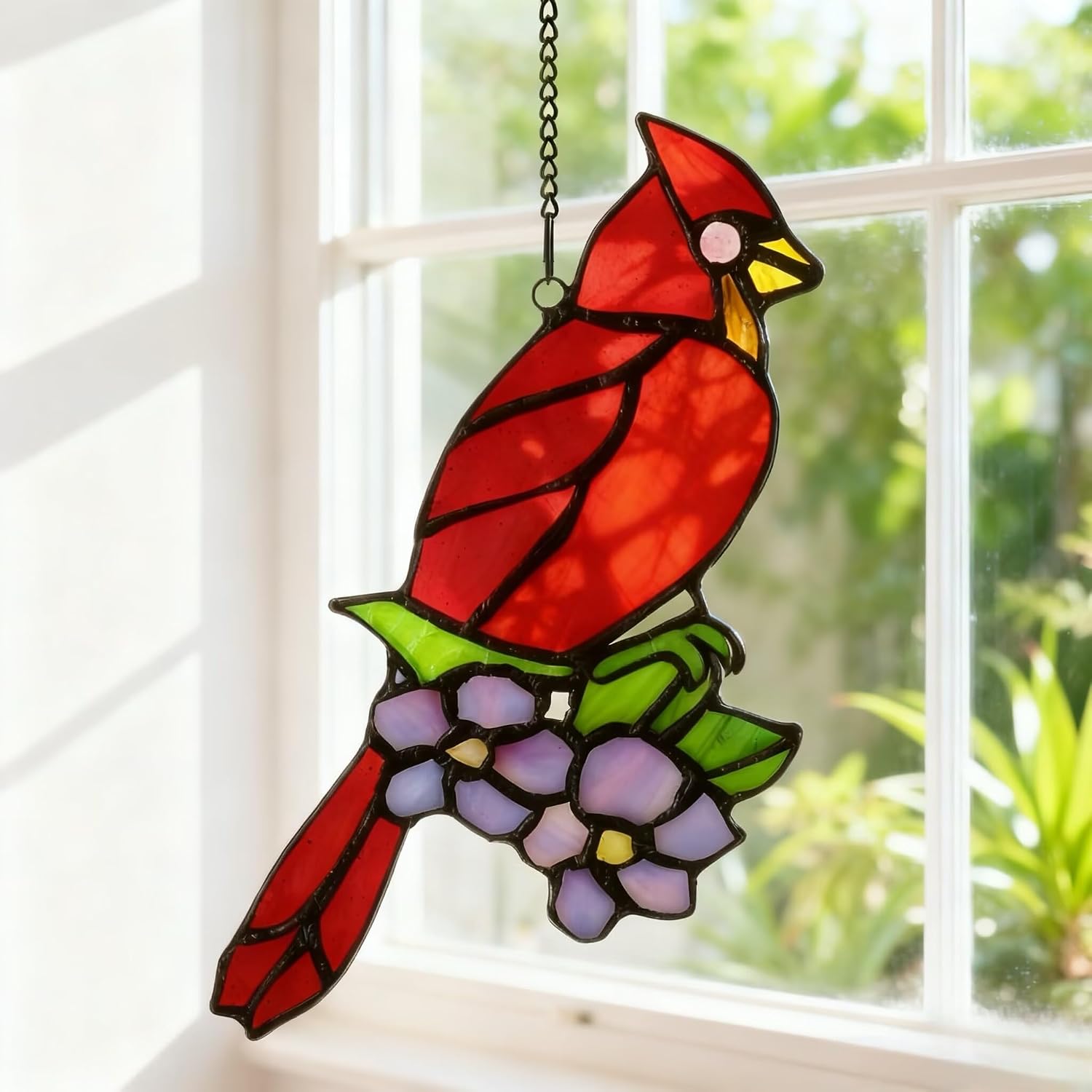 Cardinal Bird and Dogwood Stained Glass Window Panels Hangings Handcrafted Suncatcher Ornament 8.5" x 3.9"