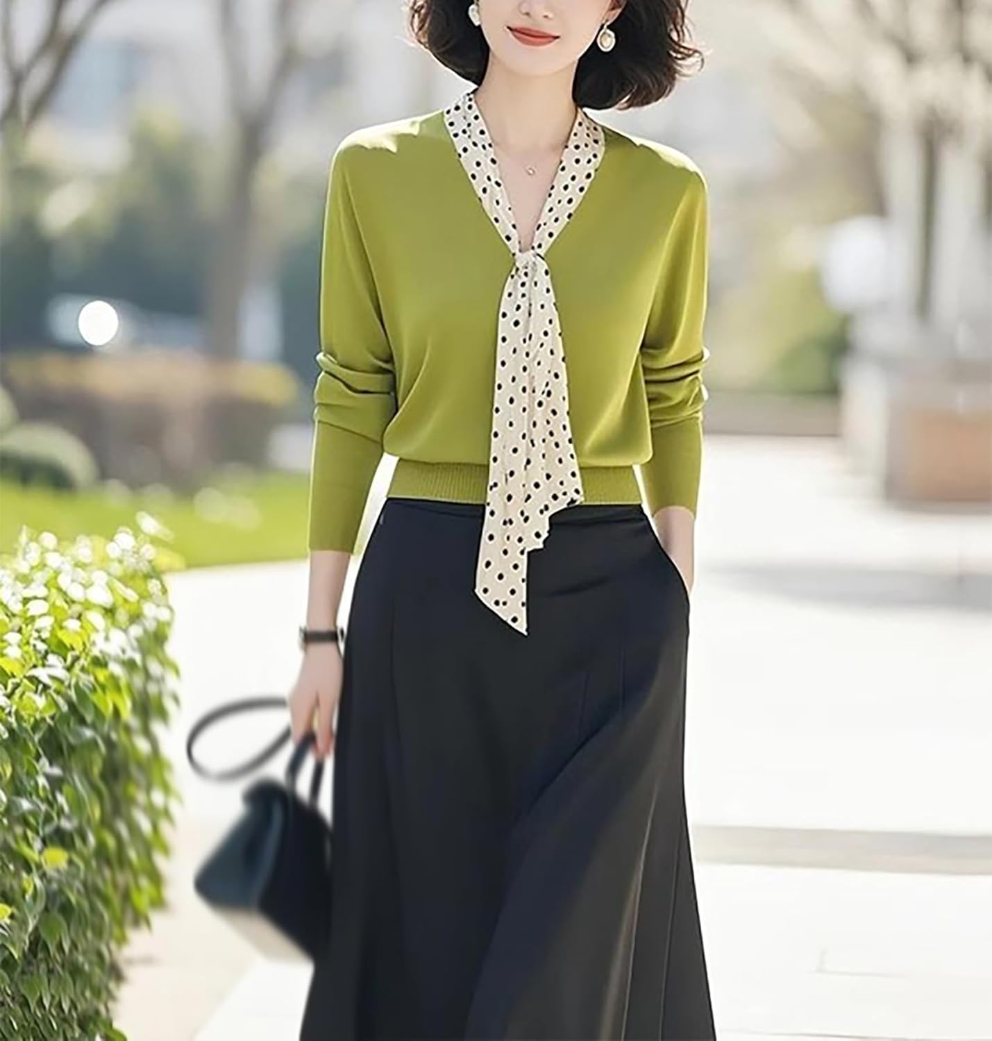 LAI MENG FIVE CATS Women's Elegant Tie V-Neck Sweater Long Sleeve Soft Knit Solid Color Pullover Tops - Image 3