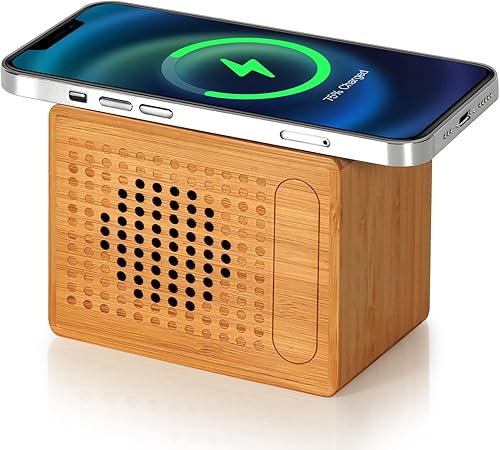 Mearmart Altavoz Bluetooth con cargador inalámbrico rápido de 10 W, tiempo de reproducción de 12 horas, hecho a mano y pequeños altavoces de dientes