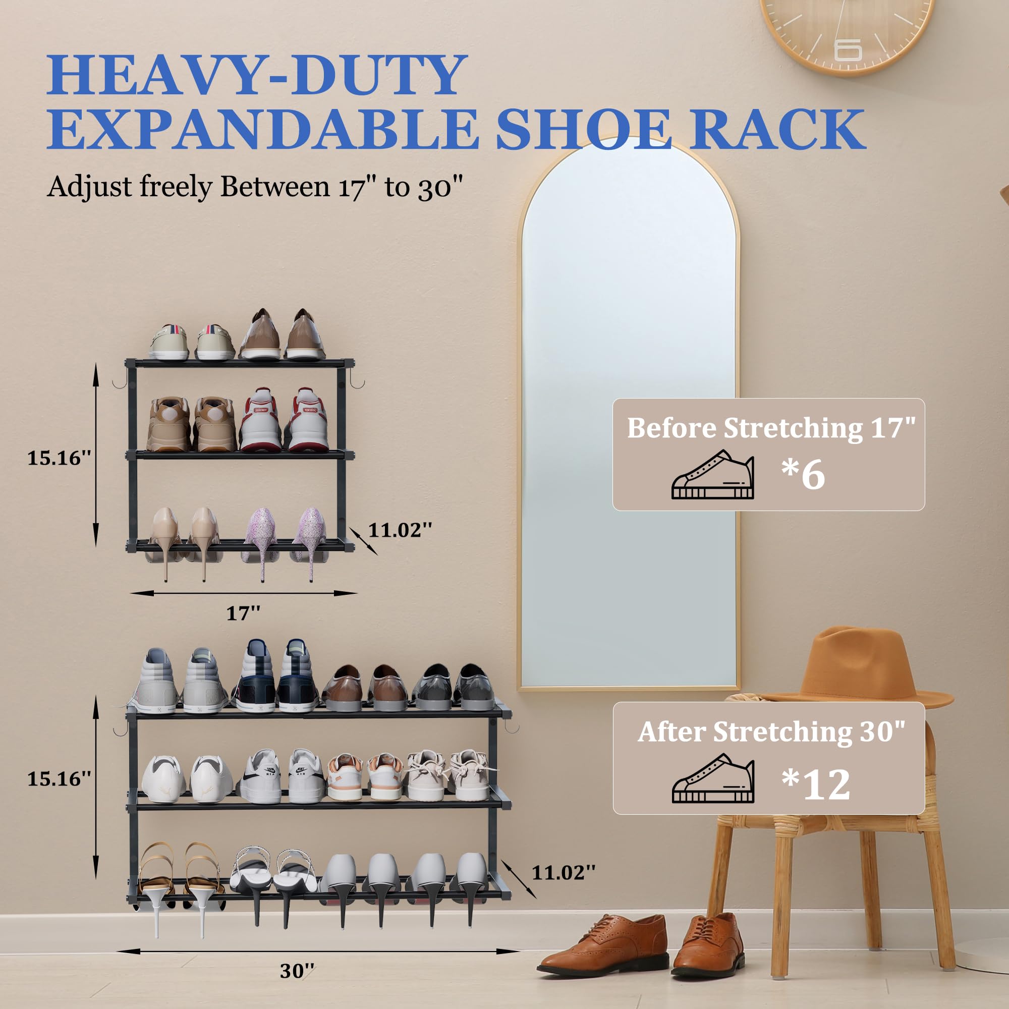 Schuhregal zur Wandmontage, 3 Etagen, hängendes Schuhregal für 24 Paar, 43,2 cm - 76,2 cm, verstellbarer, robuster Schuh-Organizer mit 4 Aufbewahrungshaken, platzsparend für Schrankeingang, schwarz
