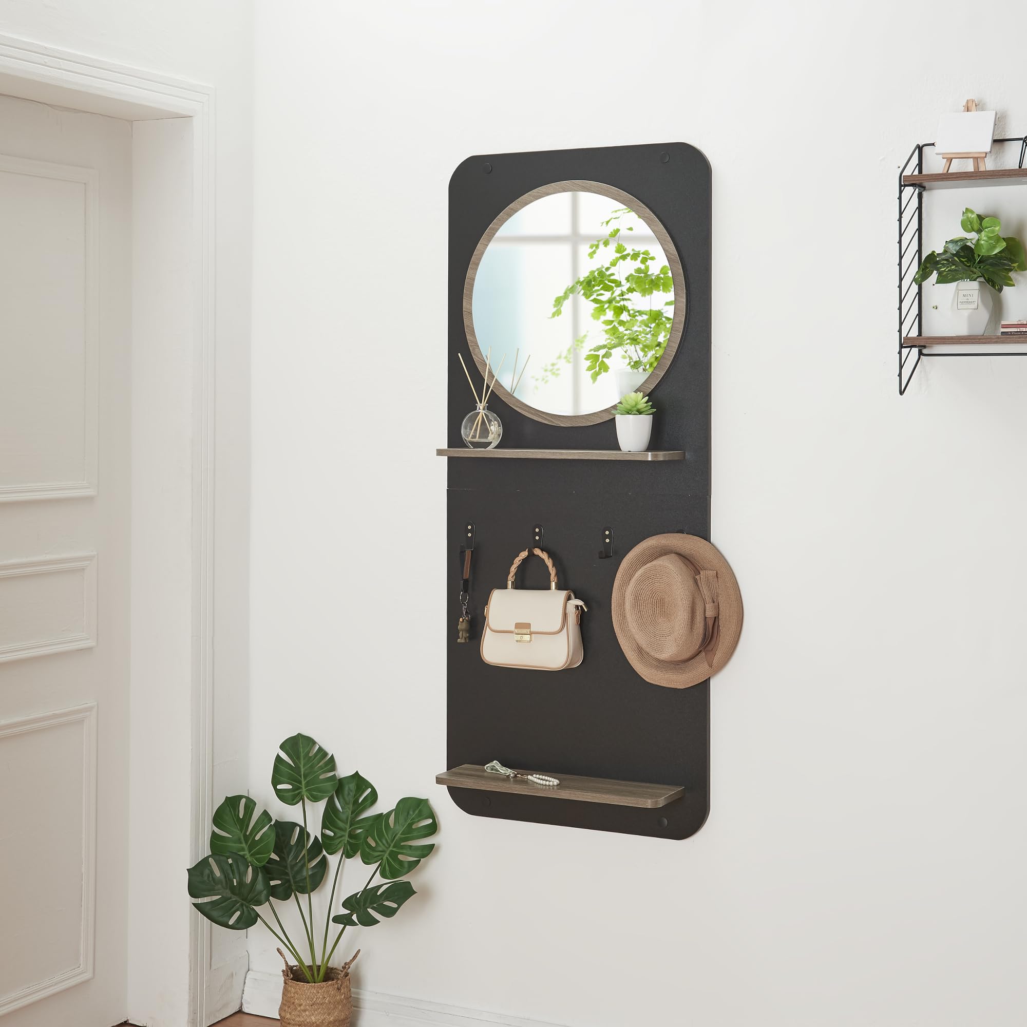 [en.casa] Perchero Panel Helsinge con Espejo Perchero de Pared con 4 Ganchos y 2 Estantes para Entrada Pasillo Oficina Aglomerado Metal 140x60x16 cm - Negro Mate