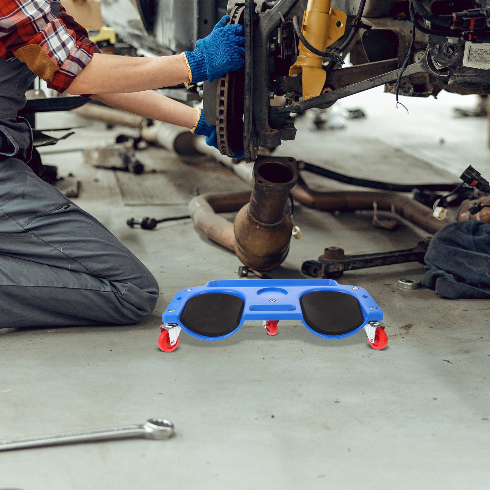 Rodillera Rodante con 5 Ruedas Giratorias 360°, Almohadilla para Arrodillarse Ergonómica de Alta Resistencia Azul para Reparación Automotriz en Garaje y Taller