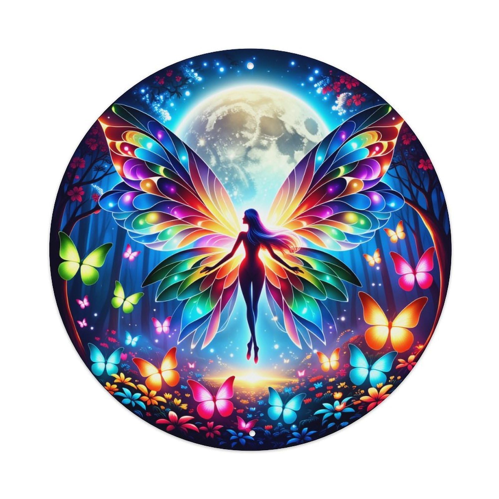 Fairy Wings Moon Butterflies Forest Round Tin Sign Vintage Metal Poster Retro Bar, Home, Man Cave, Kitchen, Laundry Room Wall Art Decor Gift 8x8Inch