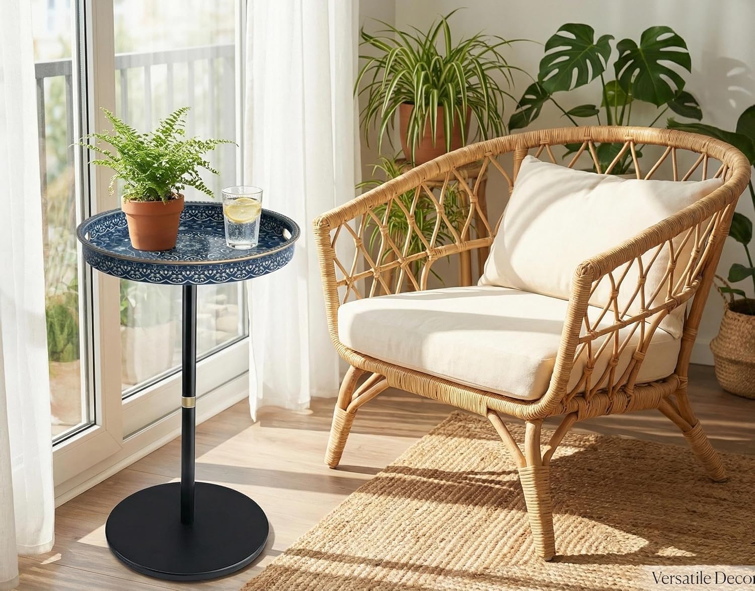 Tavolino rotondo bohémien con vassoio, tavolino per bevande per piccoli spazi, comodino estetico per soggiorno, camera da letto, angoli e ufficio (labirinto blu)