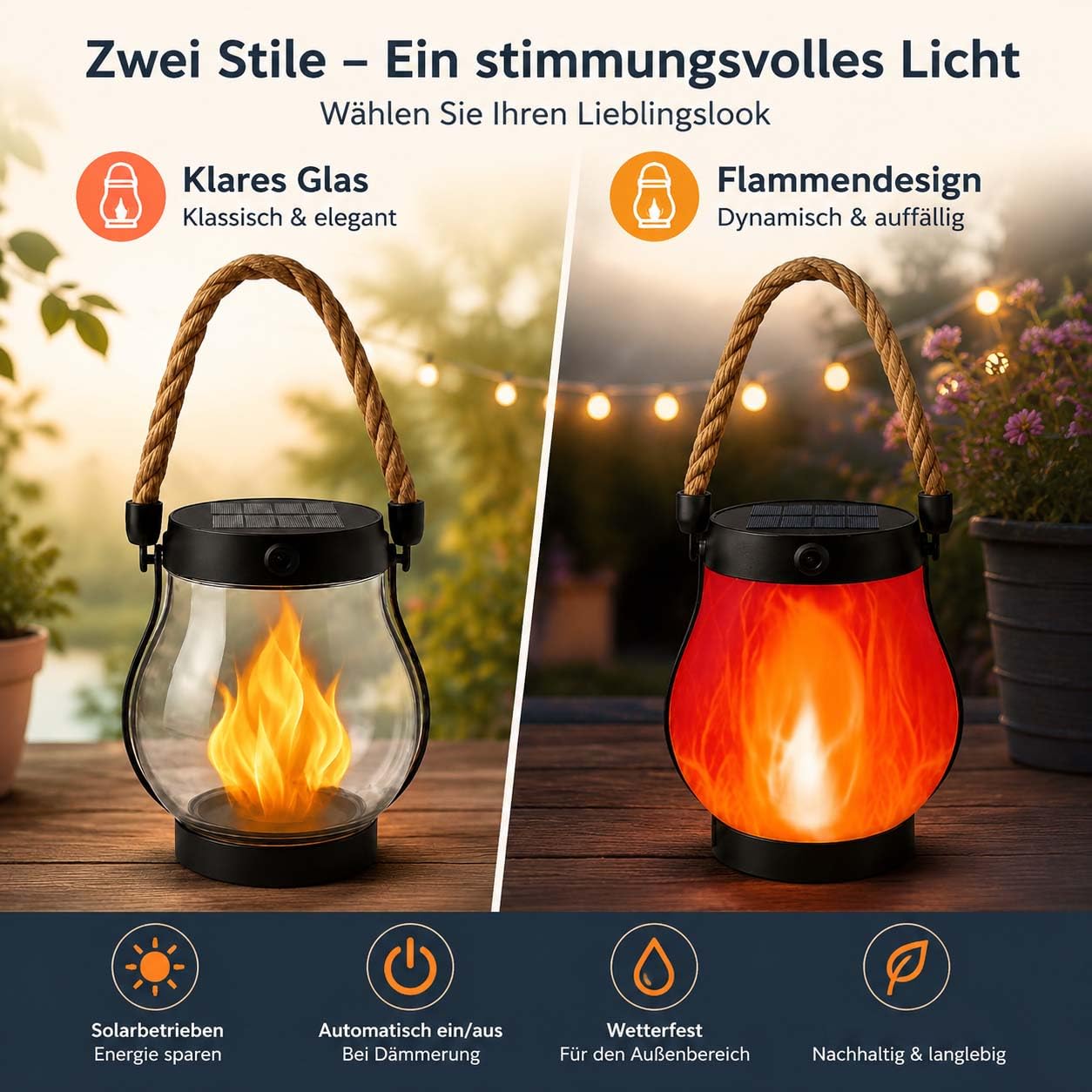 Klynero Solar-Laterne mit Flammeneffekt, USB Wiederaufladbare Außenleuchte (Transparent *2)