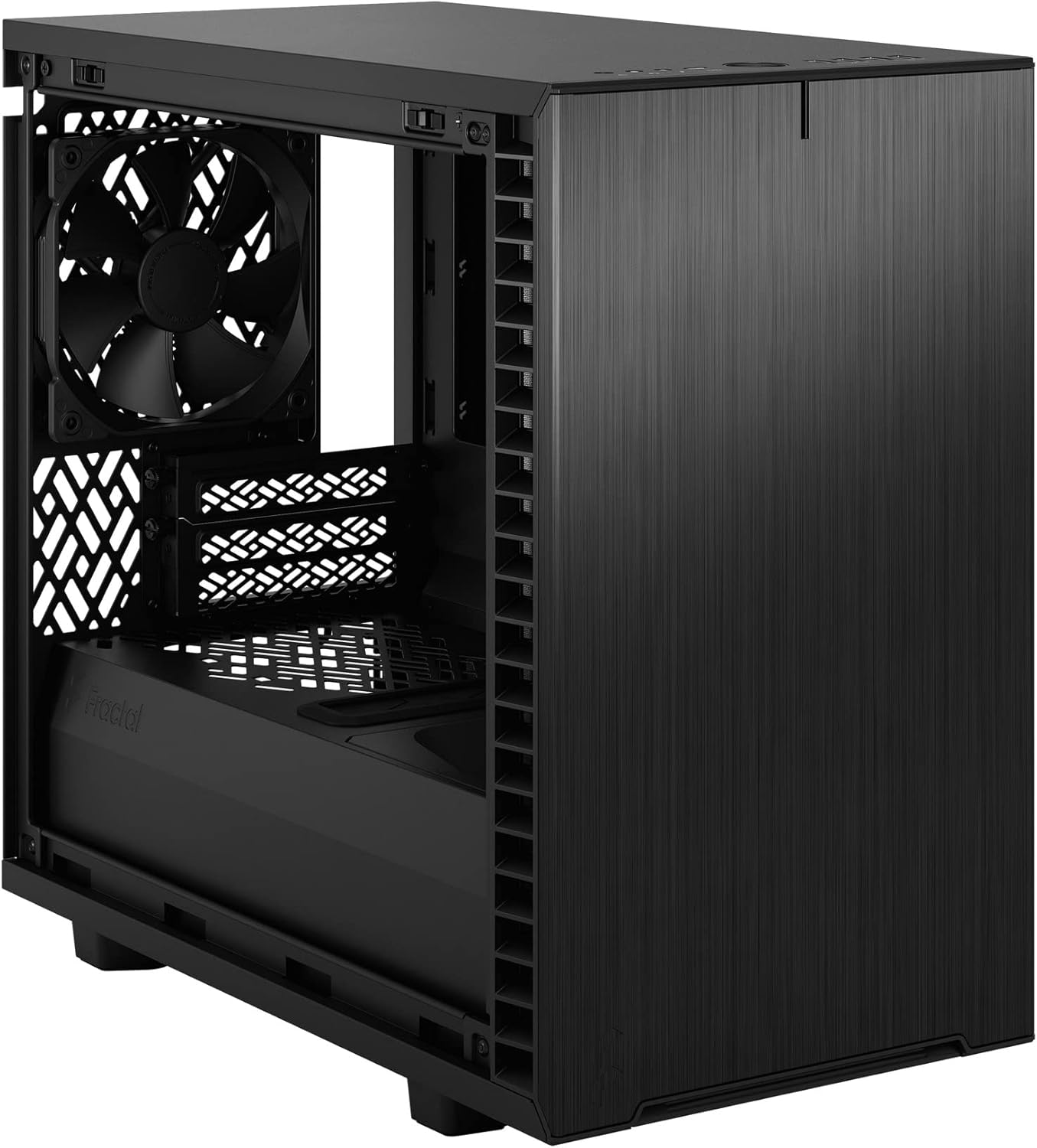 ഇൻ്റീരിയർ view of the Fractal Design Define 7 Nano PC Case, showing motherboard tray and fan mounts