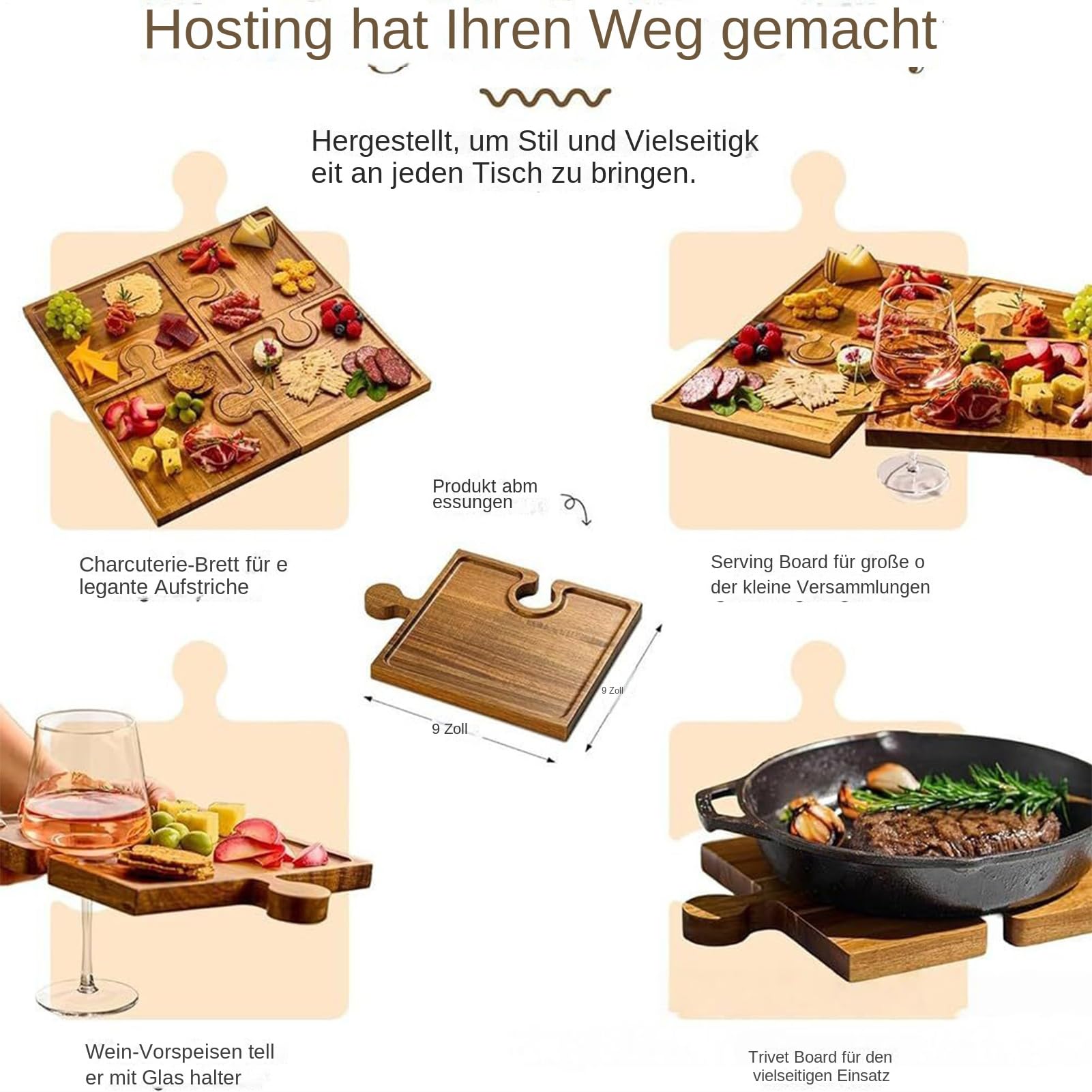 Bandeja De Servicio Tablas de Embutidos de Madera | Tabla De Quesos De Madera Para Servir Para Carne Fruta Queso Aperitivo Tarta Postre Cocina Hogar Mesa Buffet