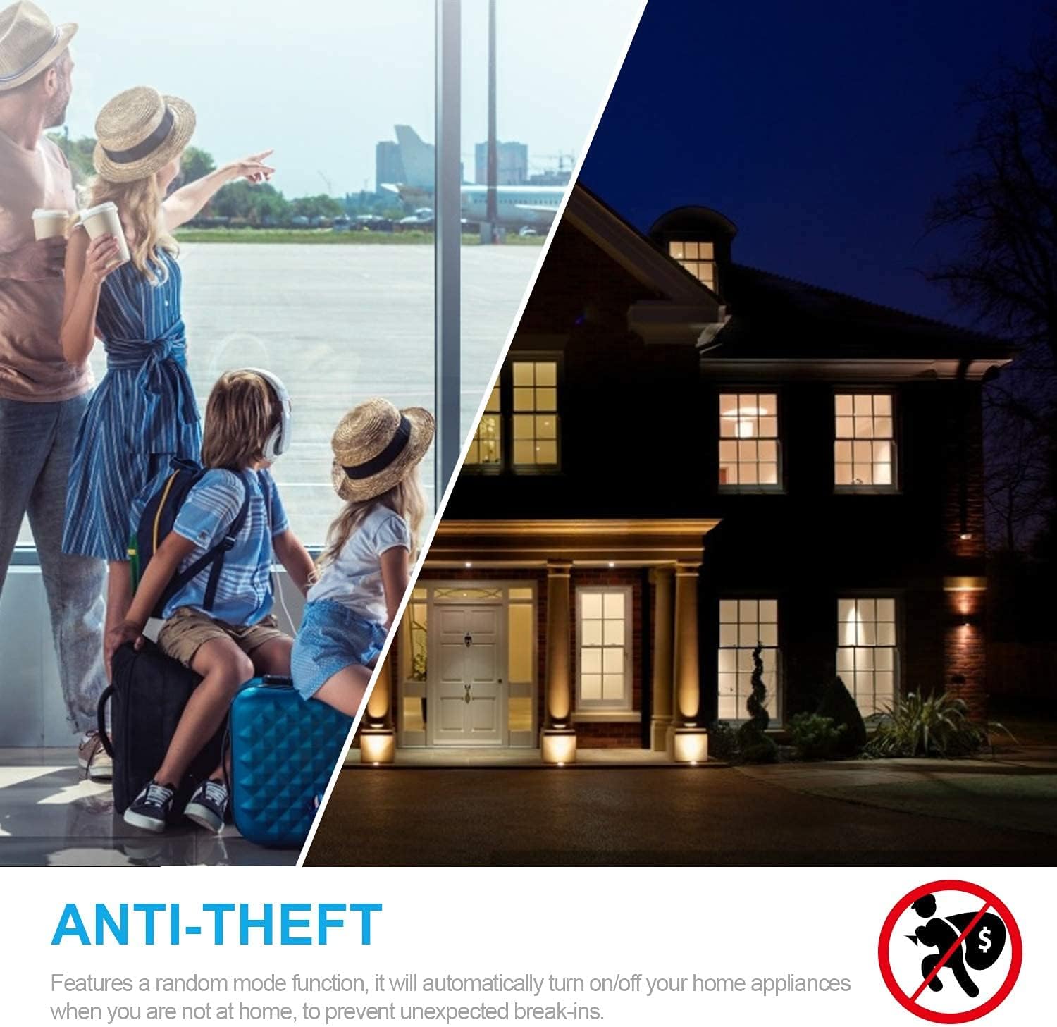 Anti-theft mode illustration with family leaving home and house lights turning on randomly