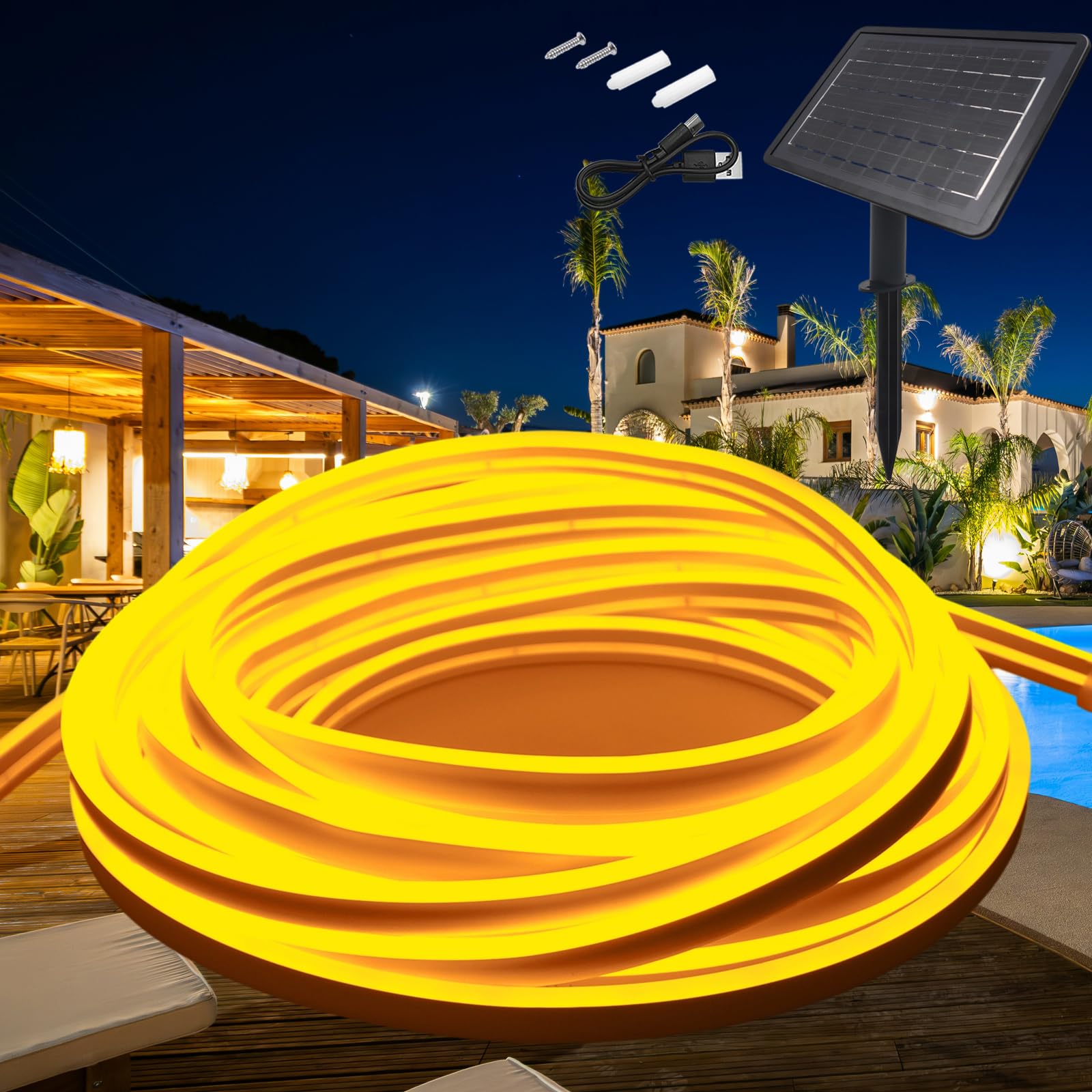 KISUFU 24V Solar Neon Light Strip, 120 LEDs/m IP68 Waterproof Outdoor Garden Solar Powered Fairy Lights with 2400mAh Solar Cell Box Controller for Patio Yard Party.