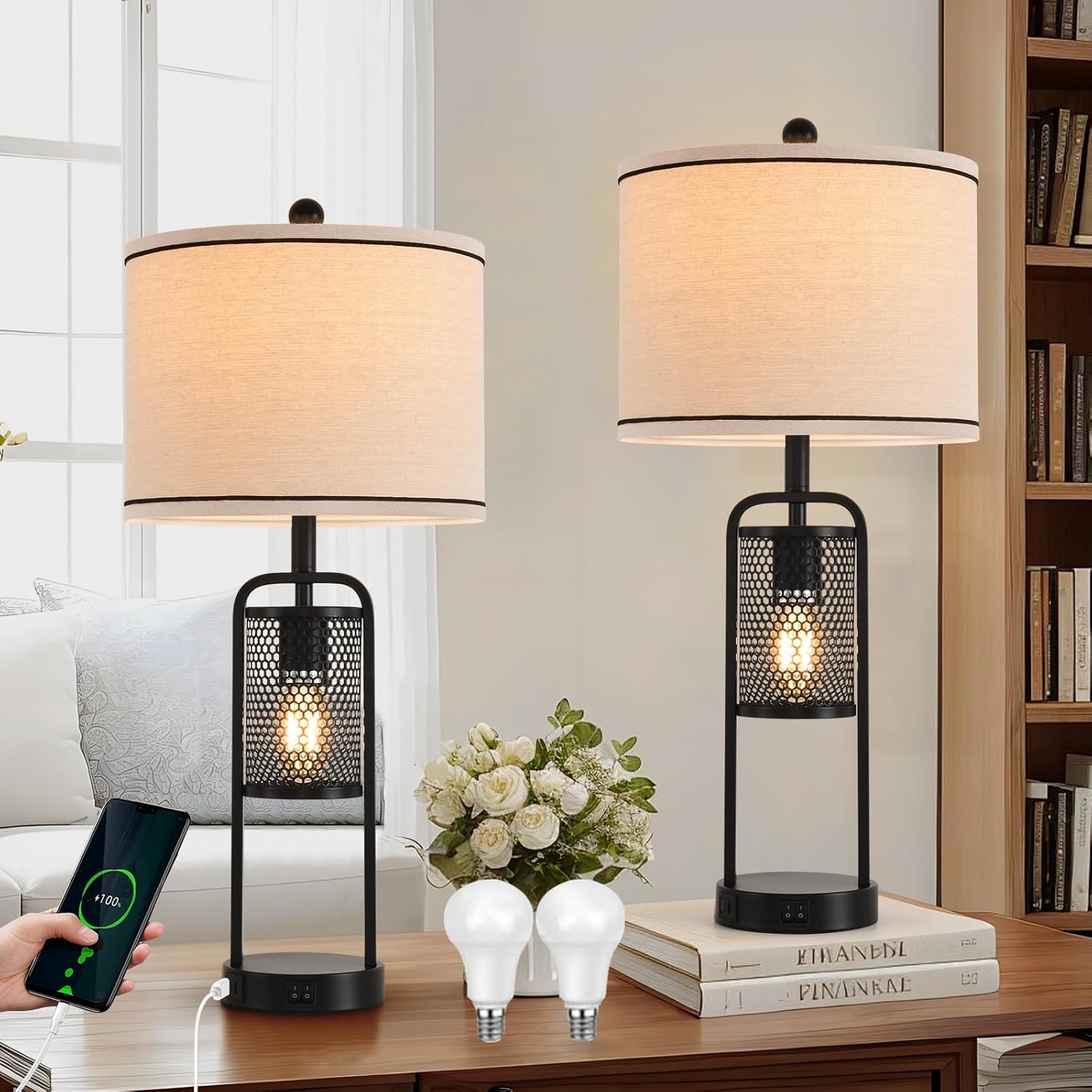 Lamps for Living Room Lamp Set 2 Bedroom Lamps Modern Metal Industrial Design Night Light with USB Port,Linen Lampshade,Bulb,Black