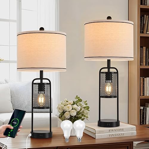 Lámparas para sala de estar, juego de 2 lámparas de dormitorio, diseño industrial de metal moderno, luz nocturna con puerto USB, pantalla de lino,