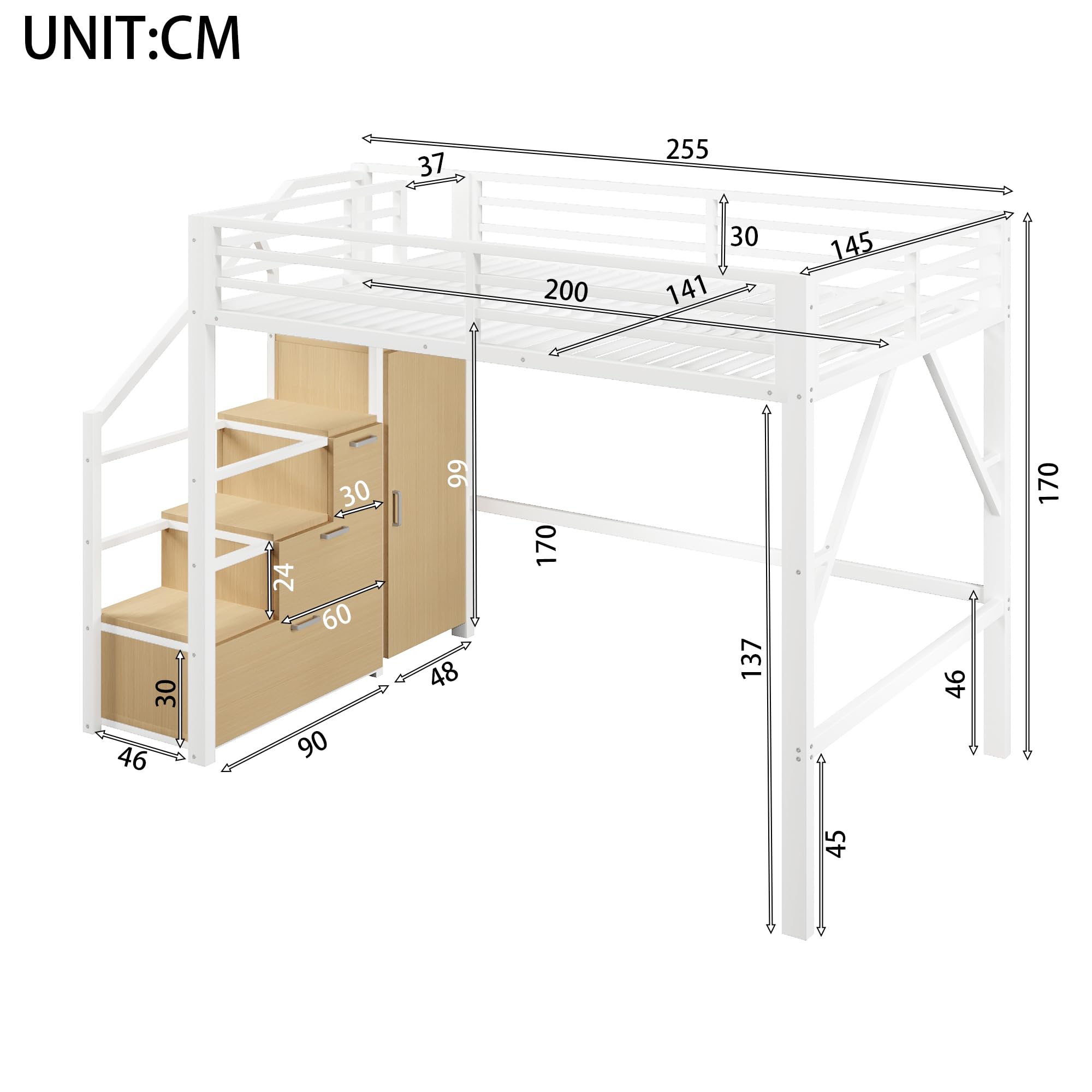 Zepneiy - Cama entrepiso con iluminación LED, 140 x 200 cm, cama entrepiso de metal, con compartimentos de almacenamiento y armario, cama doble con marco de hierro, color blanco (colchón no incluido)