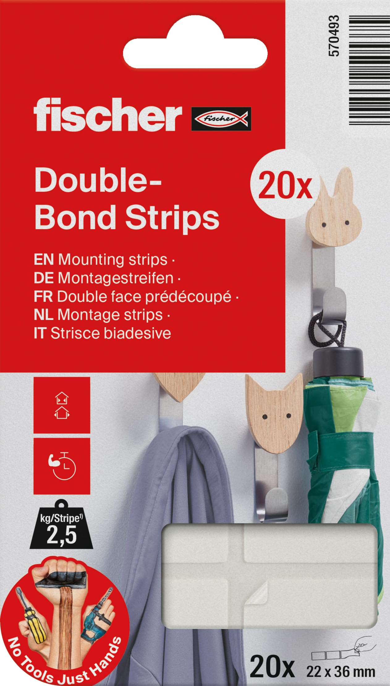Fischer White Doublebond Strips, Double Sided Sticky Pads, Heavy Duty Tape (20 Pieces)
