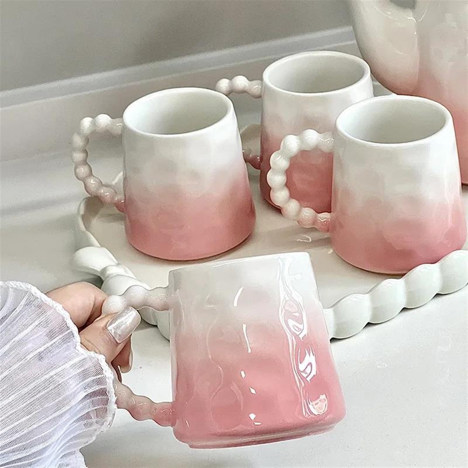 Set Da Tè Per Adulti Casa Bollitore Tazze Di Caffè In Ceramica Latte Mug Teiera Bow Cute Girly Pomeriggio Tazza Tè Set Rosa Gradiente In Tea Set Da Tè Portatili(B)