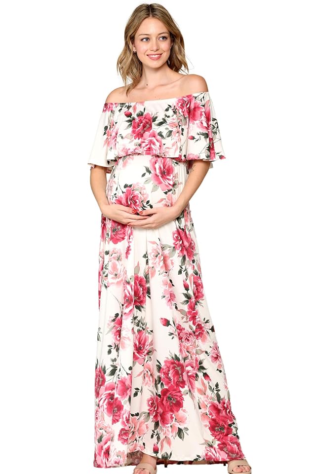 Womens Off Shoulder Ruffle Maxi Maternity Dress Ivory Blush Flower S