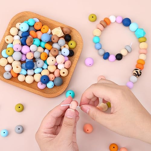Miniatura 5 de QUEFE Kit de 278 cuentas de silicona a granel para hacer llaveros, cuentas de goma de 0.59 pulgadas de baja saturación, varios estilos y colores,