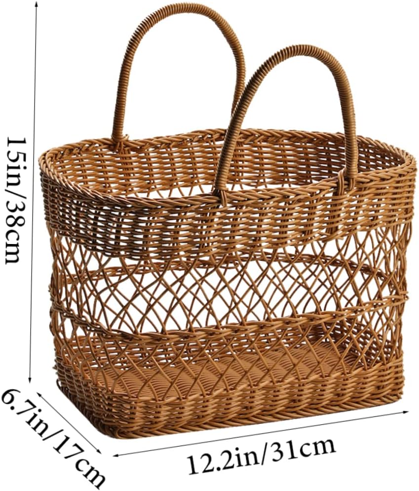 SOLUSTRE Portable Picnic Basket Imitation Rattan Woven Storage Basket for Camping Household Use Lightweight Rustic Style Food Carrier for Outdoor Activities