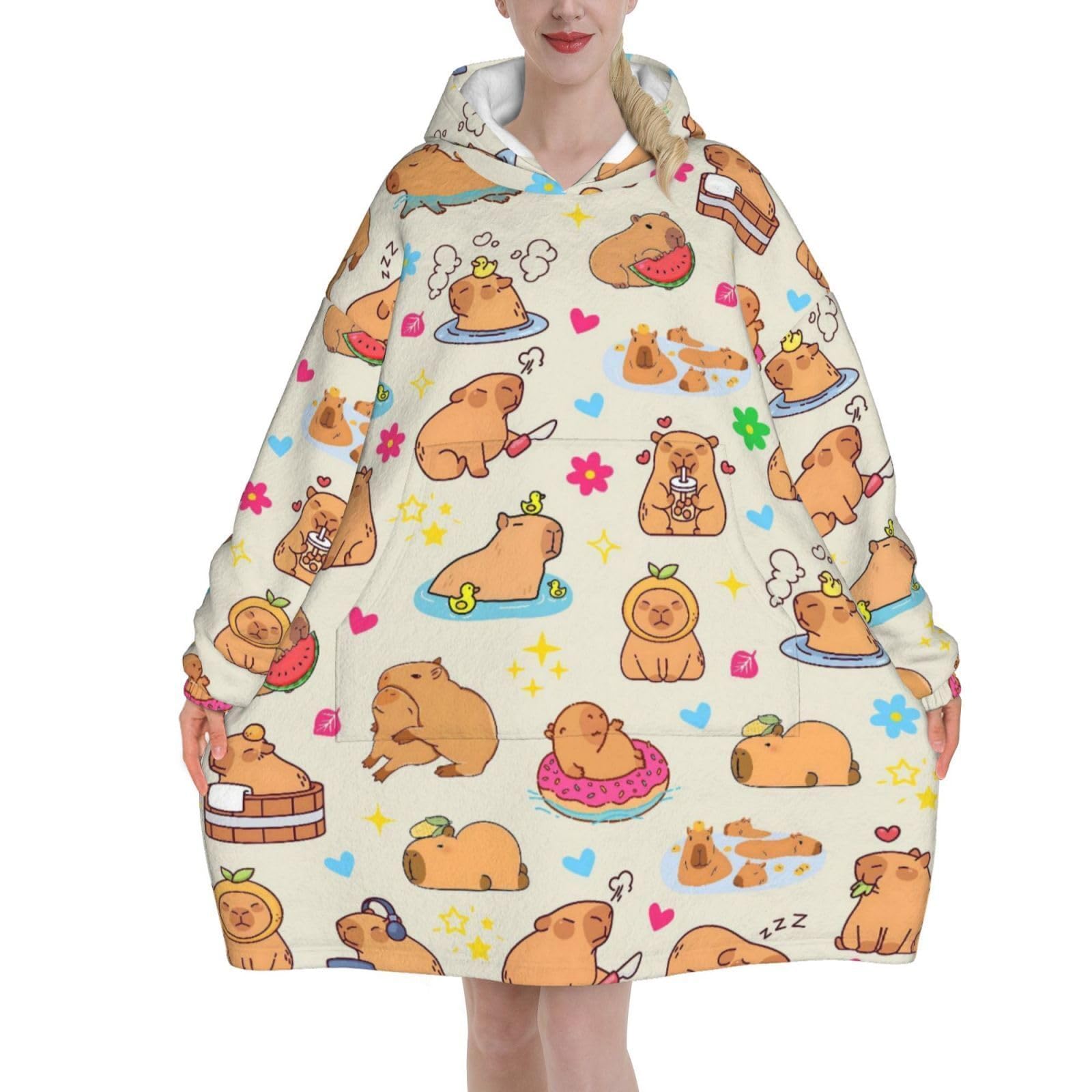 Capybara Wearable Blanket Hoodie for Capybara Lovers Adult Women, Oversized Flannel Fleece Sweatshirt, Cozy Blanket Hoodie with Pocket, Gift for Unisex Girls Teenager