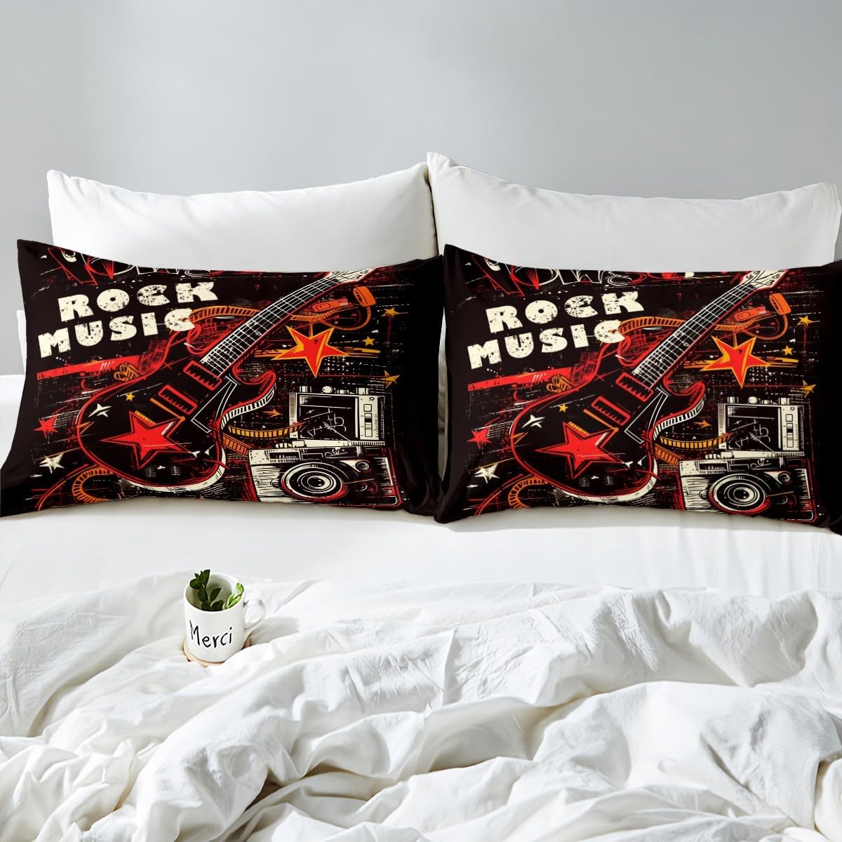 Manfei Gutar ヘッドセット キッズ ボックスシーツ フルサイズ ロックミュージックテーマ ベッドカバー 枕カバー2枚付き