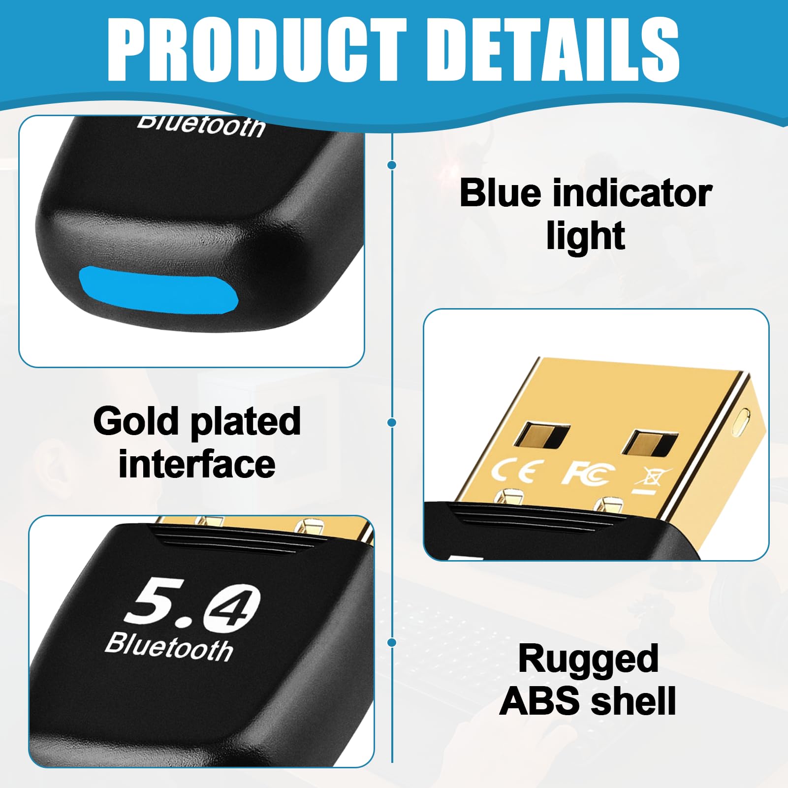 Adaptador Bluetooth para PC, dongle USB Bluetooth 5.4, adaptador USB de baja latencia, llave Bluetooth para ordenador de escritorio/portátil, Plug & Play, receptor Bluetooth para Windows
