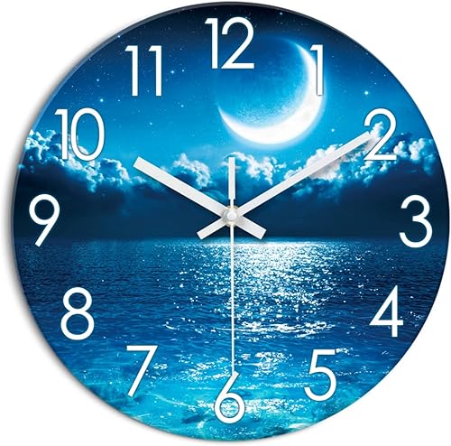 Miniatura 8 de XFM Reloj de pared azul de 12 pulgadas Luna Relojes de pared con pilas, silencioso, sin tictac, moderno, decorativo, redondo, analógico, para sala