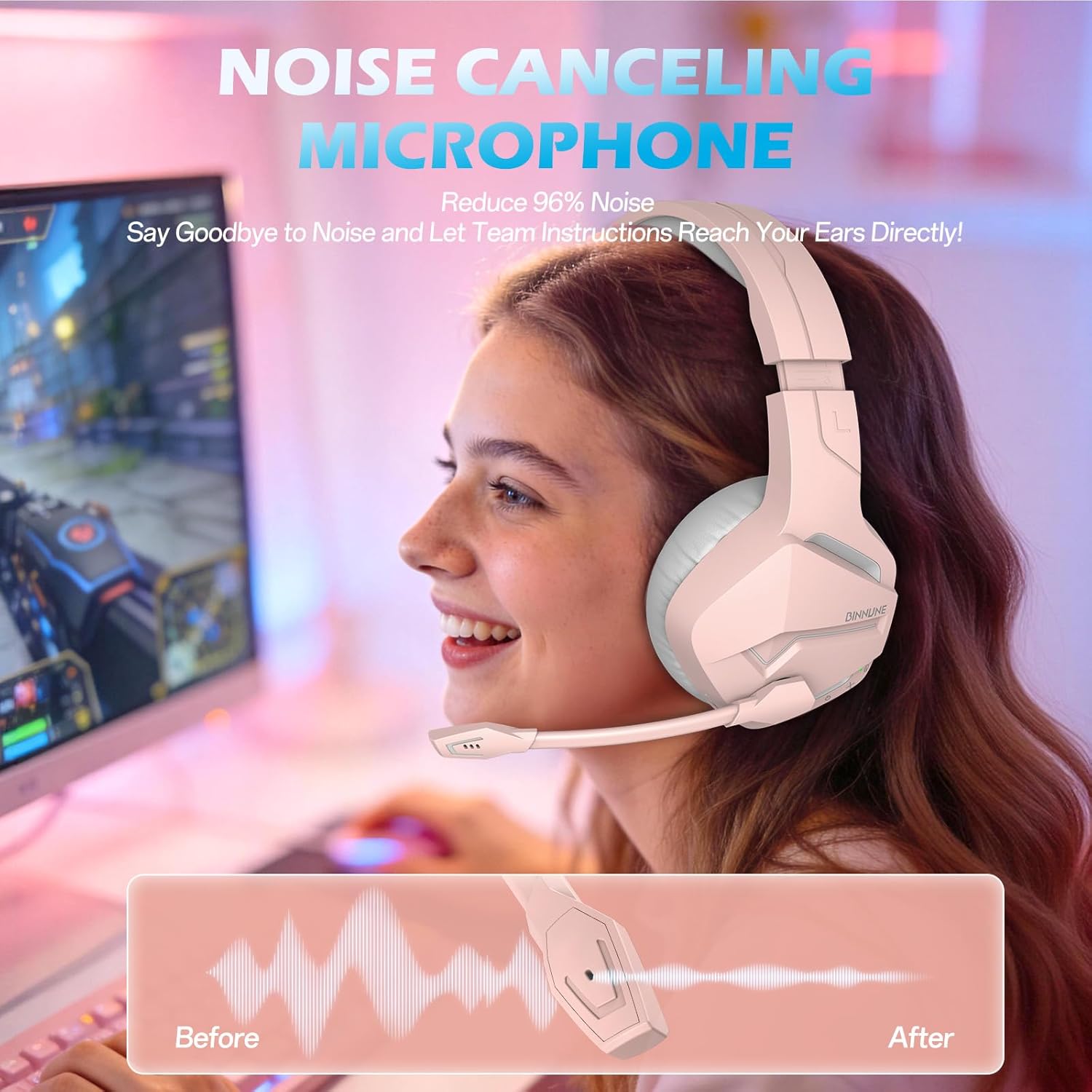 BINNUNE Wireless Gaming Headset for Xbox Series X/S, Xbox One, 120H Ultra-Long Battery, Bluetooth 5.3 Gaming Headphones with Noise-Canceling Mic, Comfortable Over-Ear Headphones,Pink - Image 4