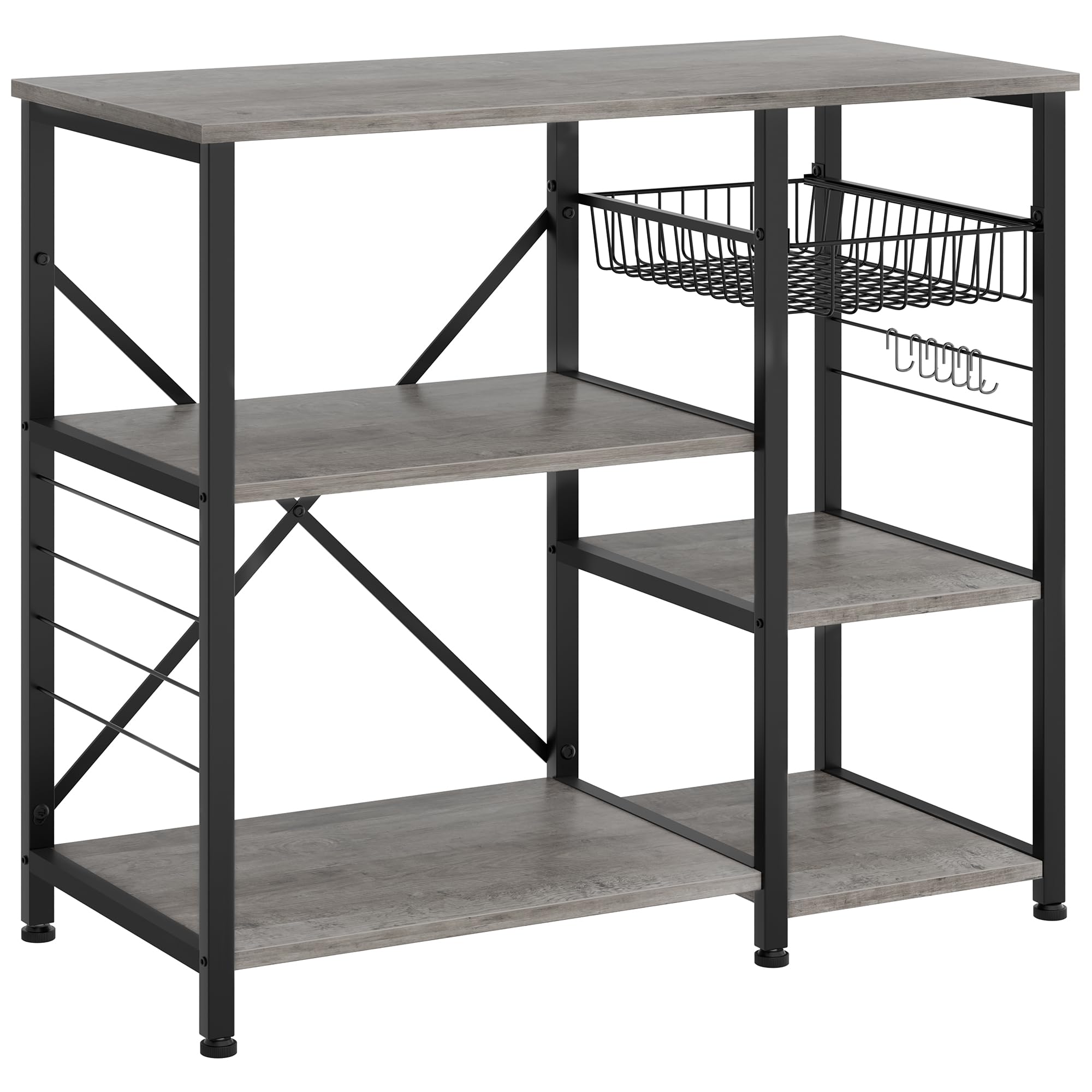 JY QAQA Kitchen Bakers Rack, Coffee Bar with Wire Basket, 5 Tier Kitchen Oven Stand, Microwave Stand, For Living Room, Spice, Pots and Pans Organizer
