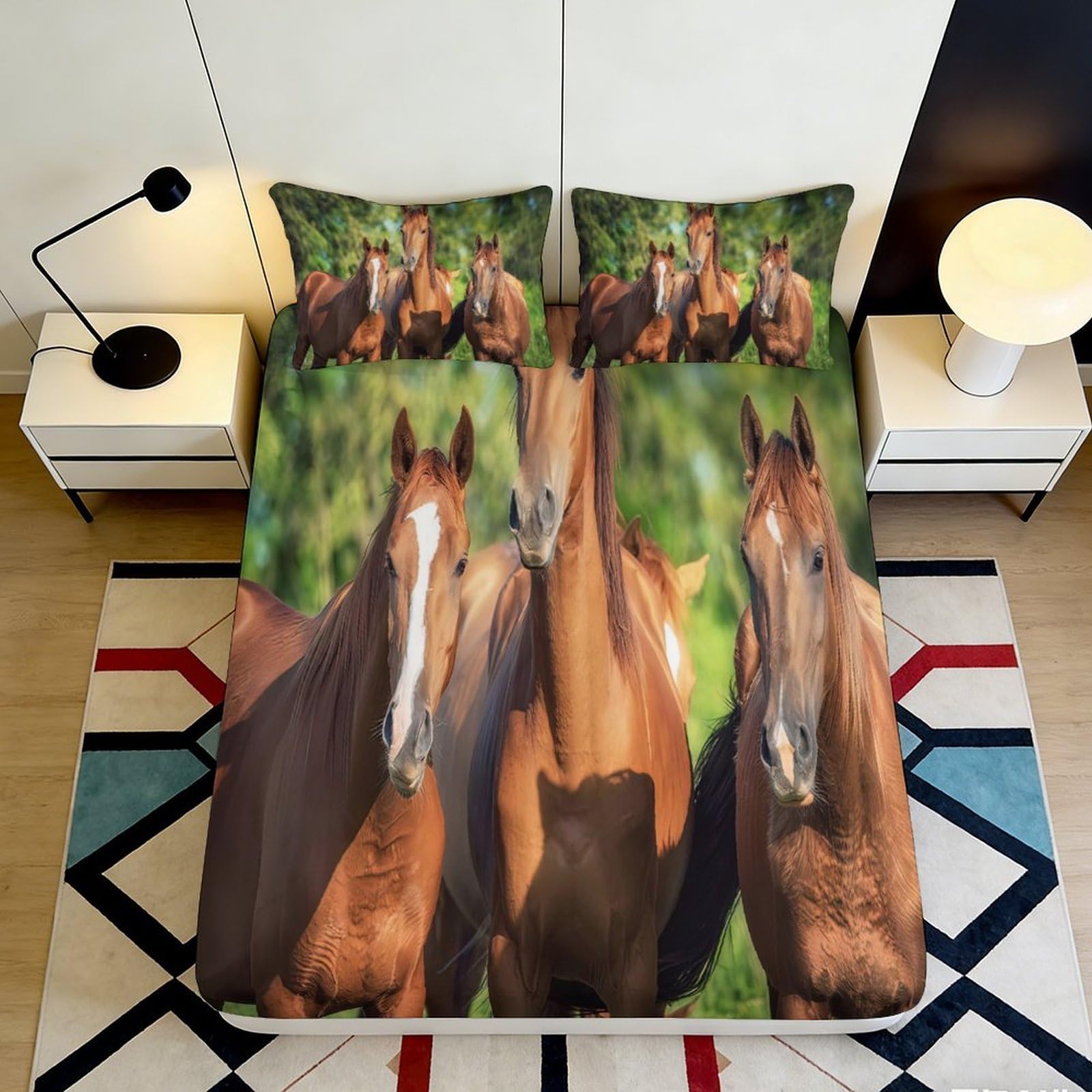 3D Printed Brown Horse Fitted Sheet Microfiber Soft Breathable Wild Herd Bed Cover for Bedroom Dorm Decor 90x200x25cm