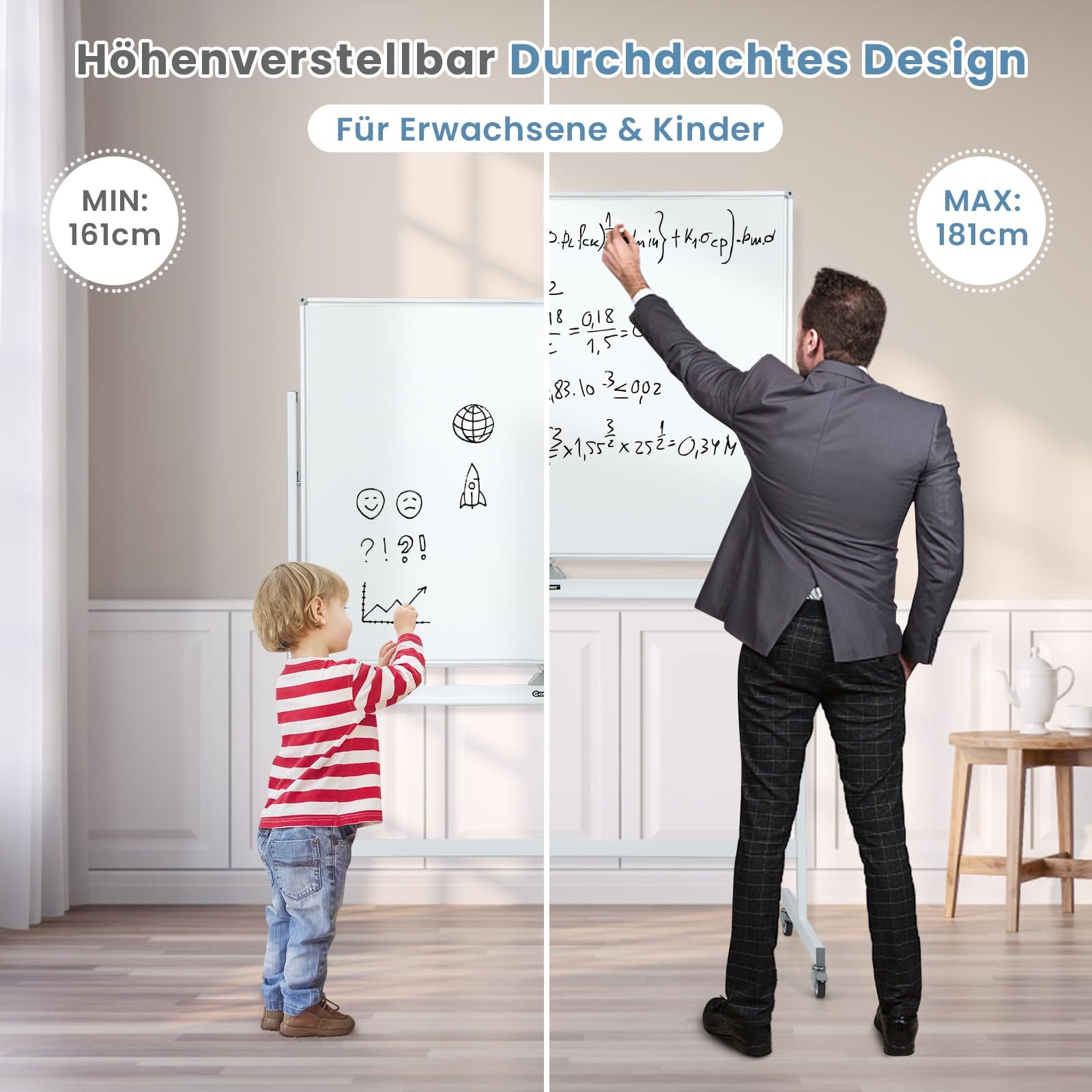 FANTASK Doppelseitiges mobiles Whiteboard, 120 x 90 cm, Trocken abwischbares magnetisches Whiteboard mit Gittermuster, Rollen, Ständer und Stiftablage, inkl. Zubehör für Büro, Zuhause (Weiß)
