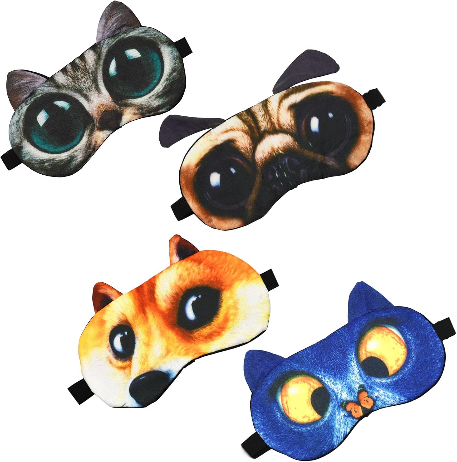 Kids Sleep Mask, 4 Pack Cute Animal Cat Dog Funny Sleep Eye Mask for Sleeping Soft Plush Blindfold with Adjustable Strap for Kids Adults Travel Naps Shift Works Games(#1 Style A- 4 Pack)