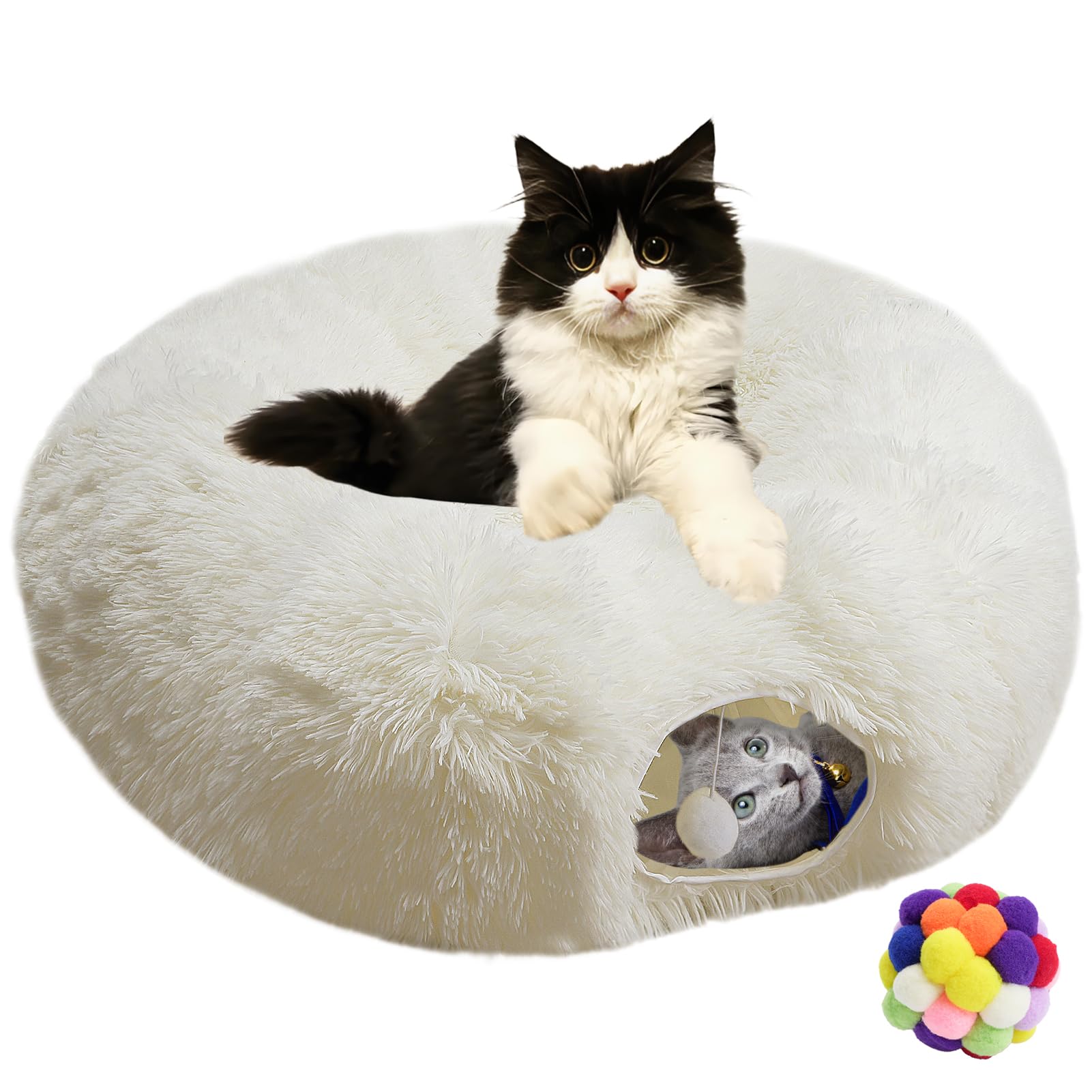 Naielfopet White Fluffy Warm Plush Cat Round Tunnel Tube, Soft Collapsible Multi-Combinations Cat Donuts Bed for Kitty Kitten Puppy Rabbit Ferret