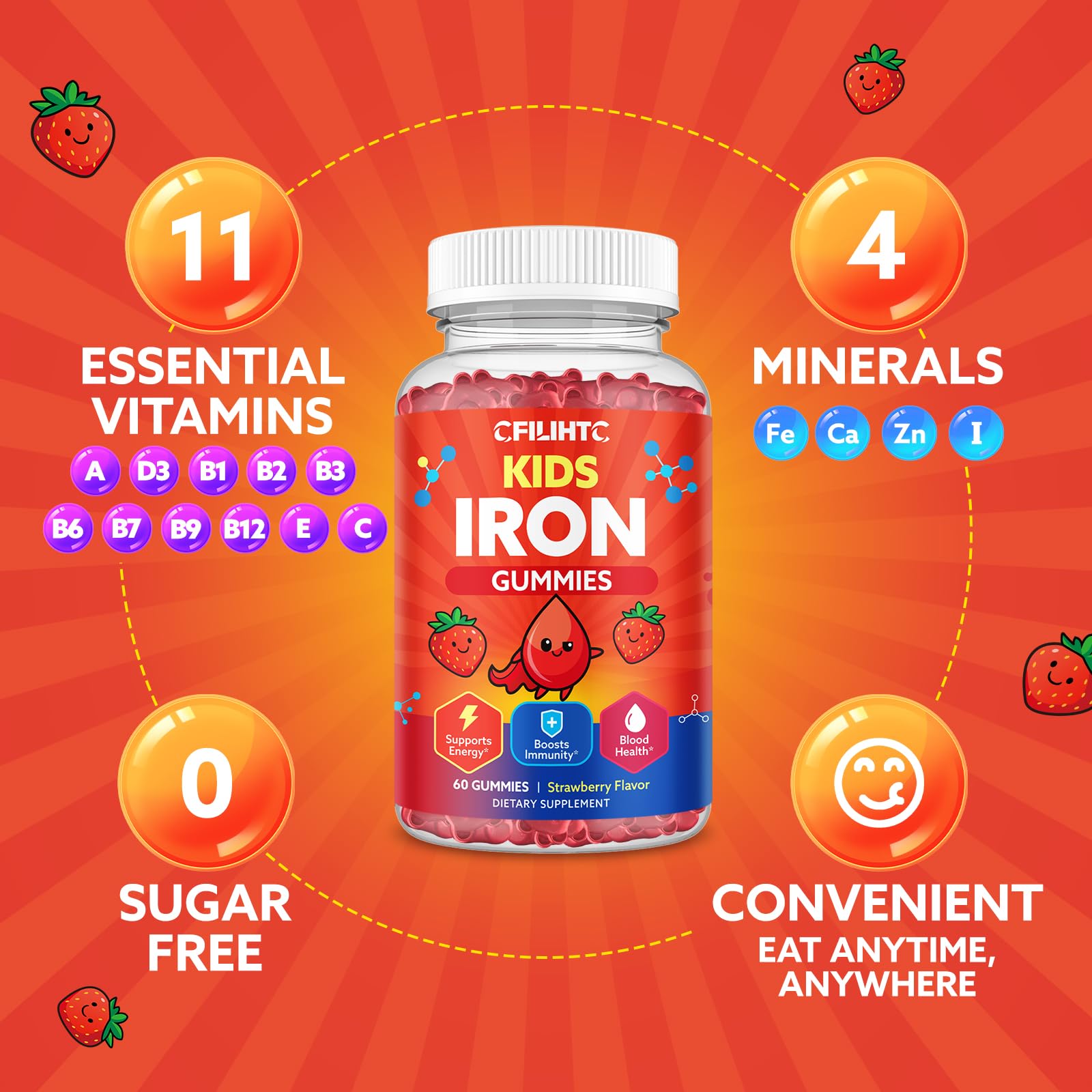 Iron Gummies for Kids & Teens, Kids Multivitamin with Iron Supplement, Calcium, Folate, Zinc, Prebiotic - for Blood Builder & Energy Support, Iron Deficiency - Vegan & Non-GMO - 60 Count Strawberry — Amazon image 7