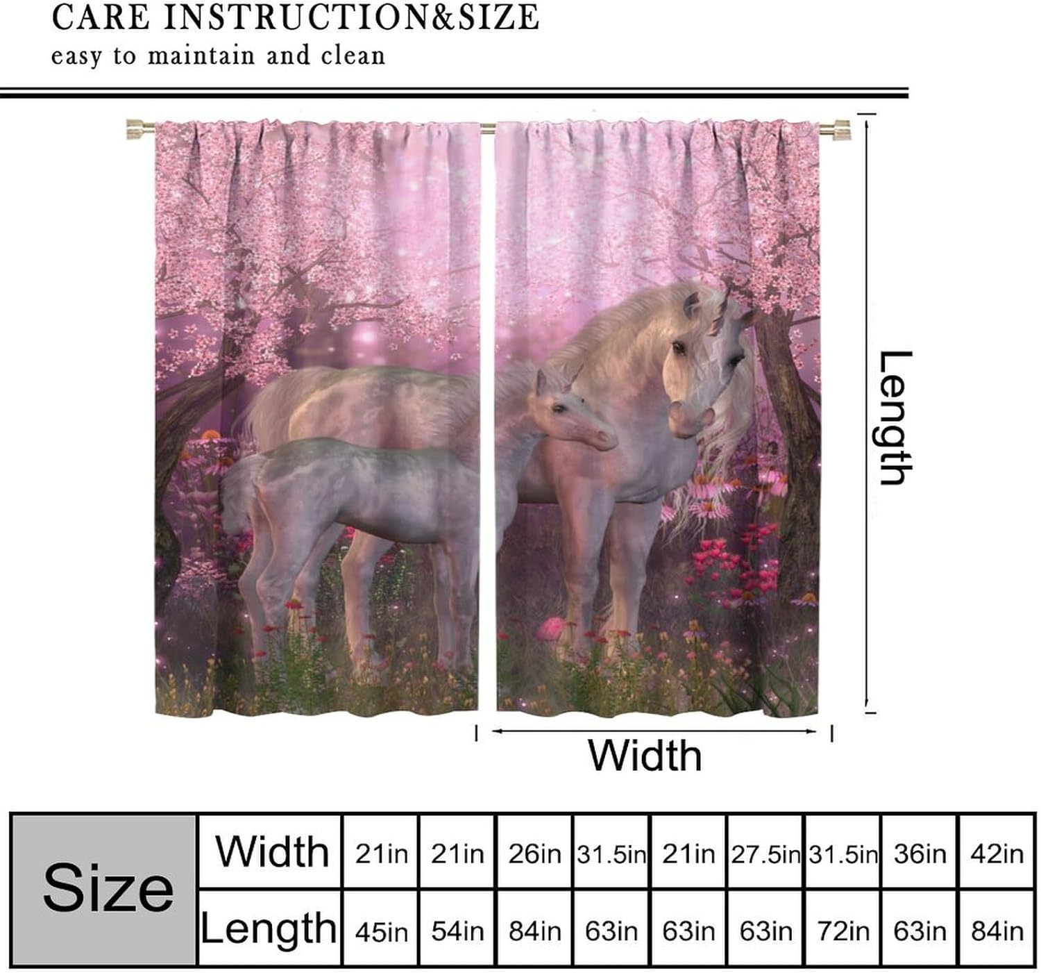 Horse Girls Curtains, Dreamy Unicorn Cherry Blossom Plant Glowworm Thermal Insulated Drapes for Girls Teens Woman Bedroom Living Room Kitchen Window Treatments 42x45 Inch