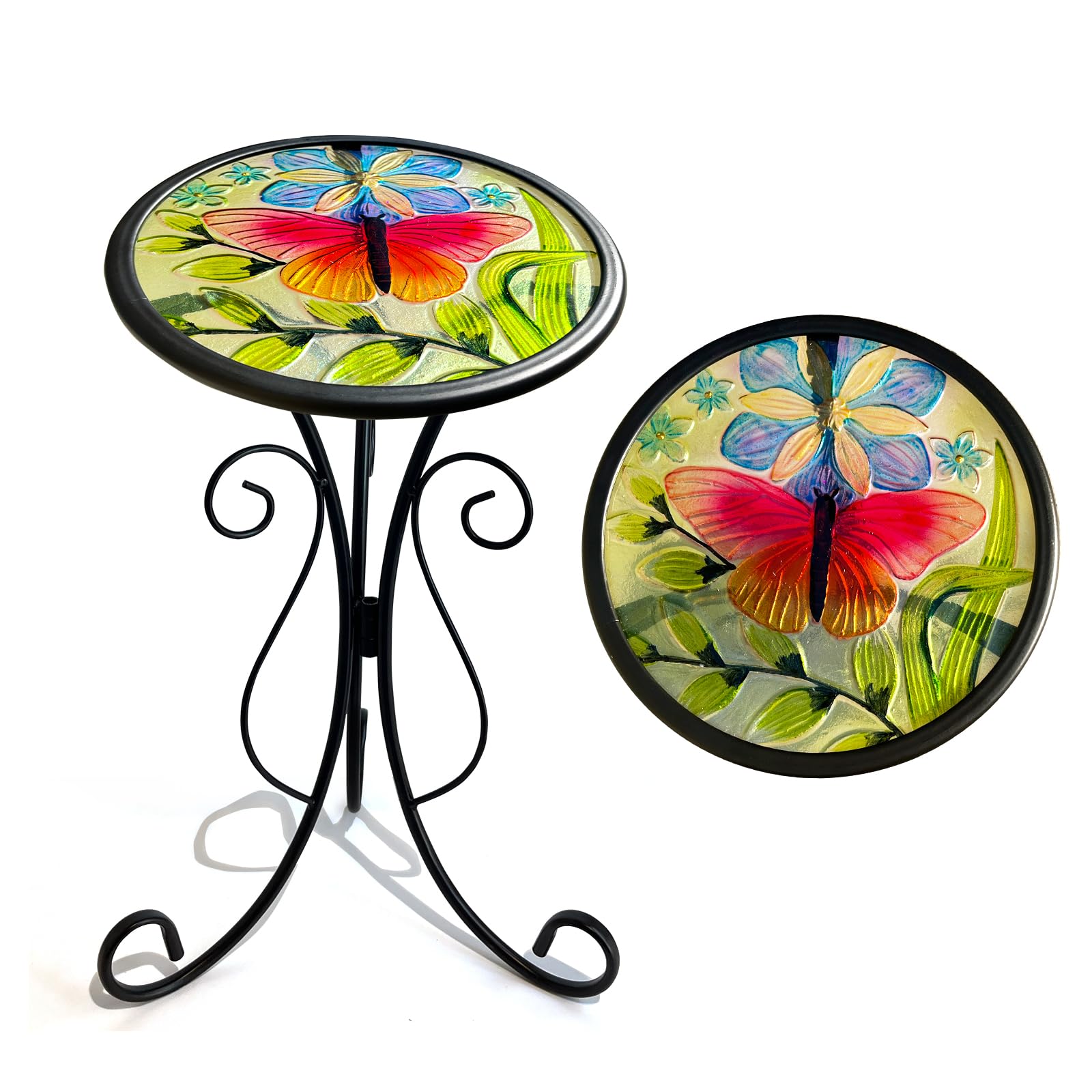 HONGLAND Outdoor Side Table, Small Outdoor Table, 12" Round Patio Side Table End Table, Glass Plant Stand, Small Bistro Coffee Table for Garden Patio Porch Living Room (Butterfly)