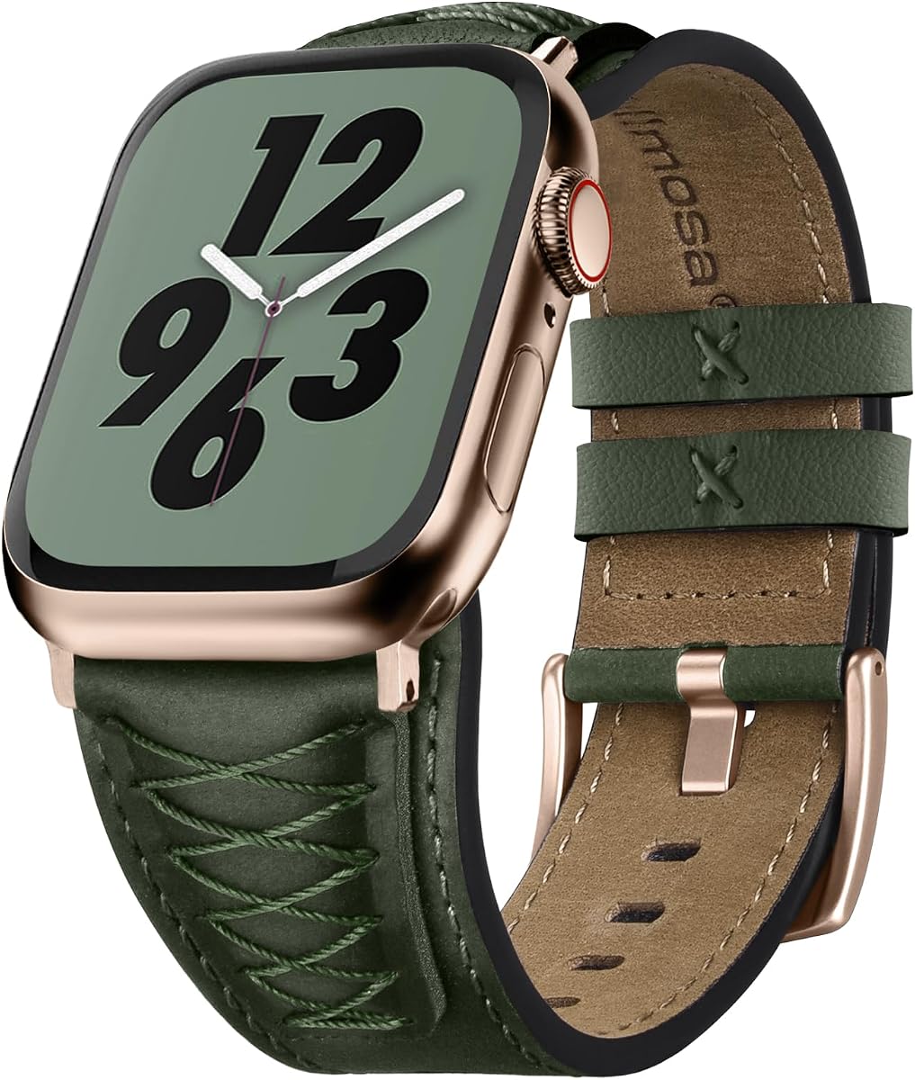 Fullmosa Band for Apple Watch 42(S11/10)/41/40/38mm | Fits iWatch Series 11 10 9 8 7 6 5 4 3 2 1, SE 3 2 1,Top Grain Leather Replacement Strap for Men Women Olive Green&Rose Gold