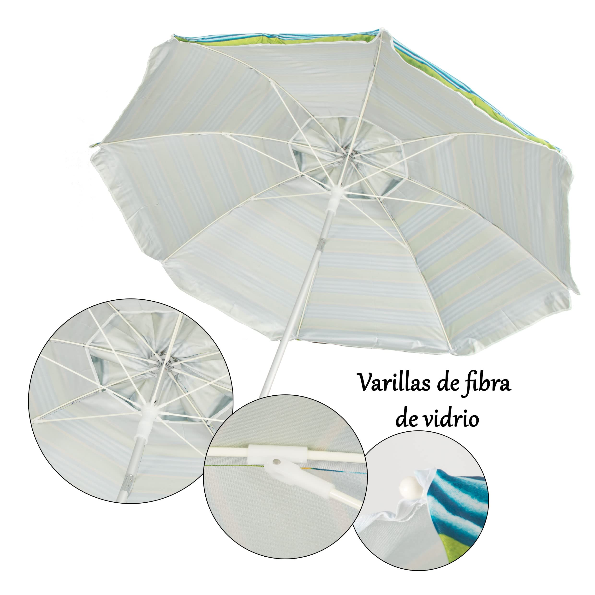 CREVICOSTA QUALITY MARK MARCAS DE CALIDAD - SOMBRILLA 180cm de Alumino 8 varillas de fibra de vidrio. Protección Total contra los Rayos UV. Palo Simple. (Azul y verde)