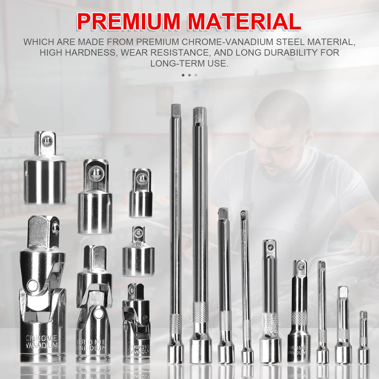Lot de 16 adaptateurs de douilles pour outils d'entraînement comprenant 9 tiges d'extension, 3 joints universels, 4 douilles à impact, kit d'accessoires professionnels