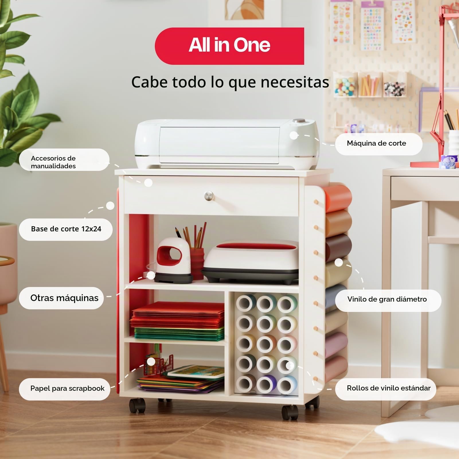 Carro de Organización y Almacenaje Crafit Compatible con Máquina Cricut, Organizador Rodante para Manualidades CRAFIT con Portarrollos de Vinilo, Mesa de Trabajo