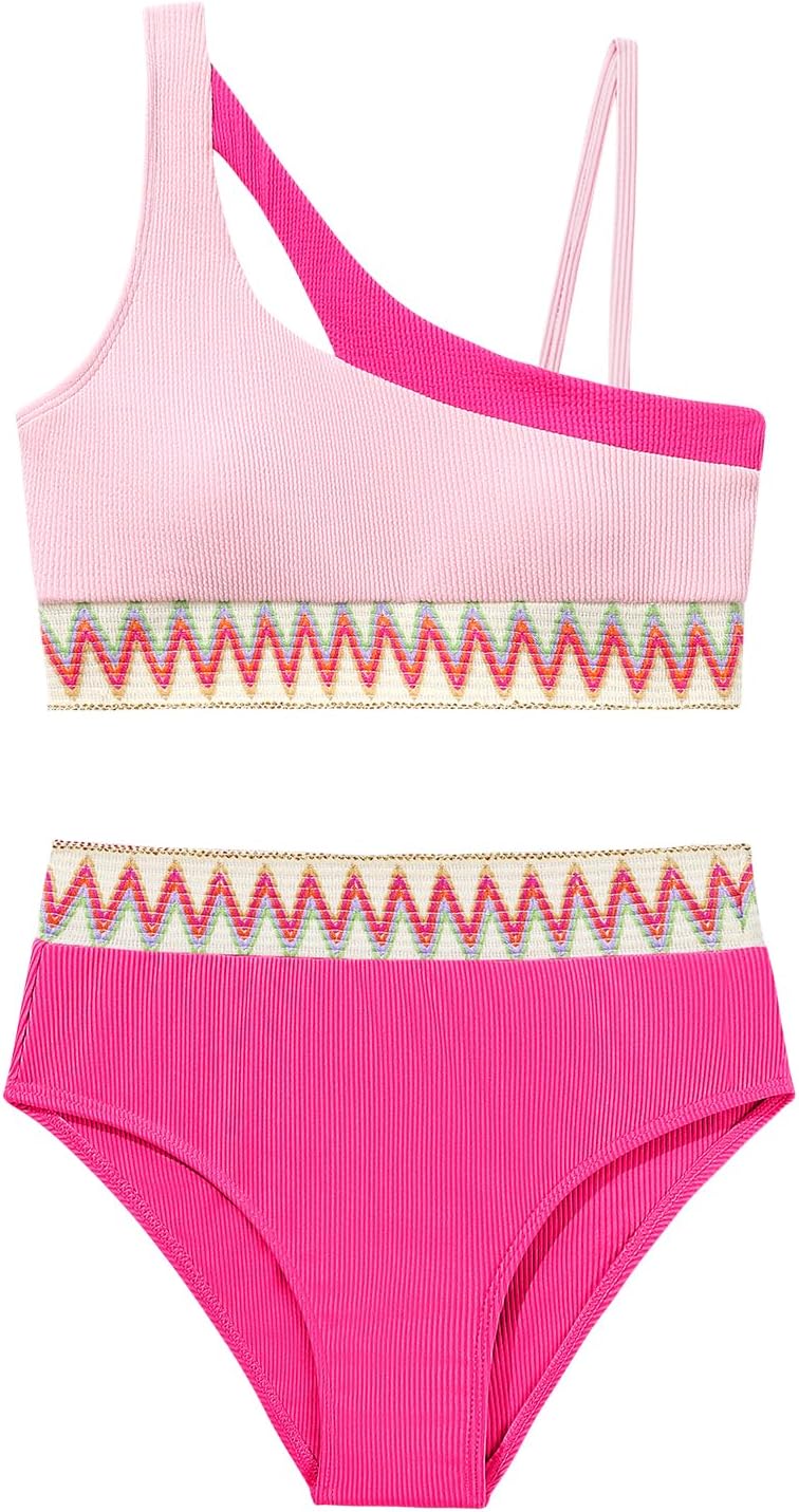 Weixinbuy Girls Swimsuits Bikini Set, Kids Bathing Suit High Waisted Girls' Swimwear Color Block Two Piece Swim Suits