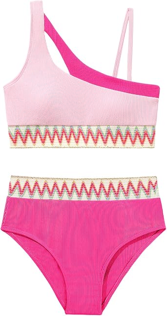 Weixinbuy Girls Swimsuits Bikini Set, Kids Bathing Suit High Waisted Girls Swimwear Color Block Two Piece Swim Suits