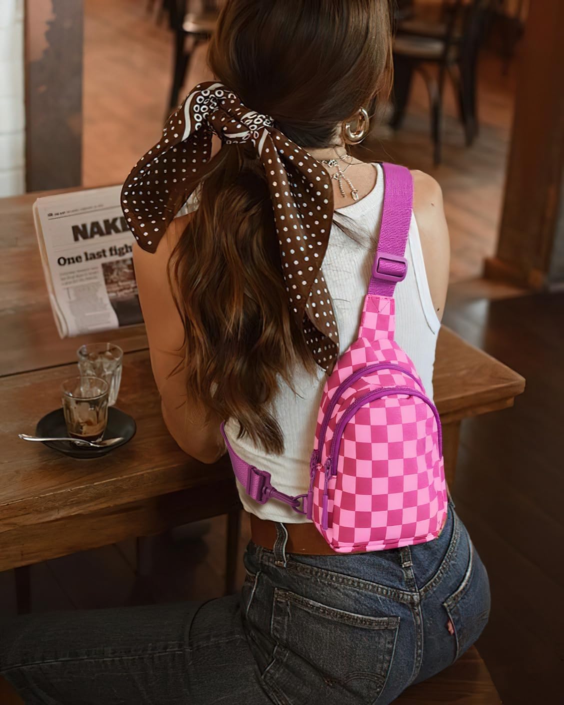 Checkered Sling Bag for Women Small Backpack Crossbody Chest Bag Fanny Packs Purses - Image 2